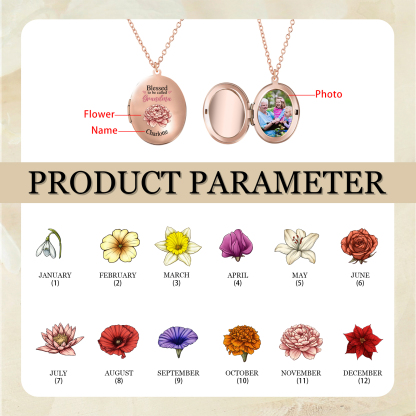 Personalised Birth Flower Locket Necklace, Custom 1 Photo  & 1 Name Pendant Gift for Grandma | Jessemade