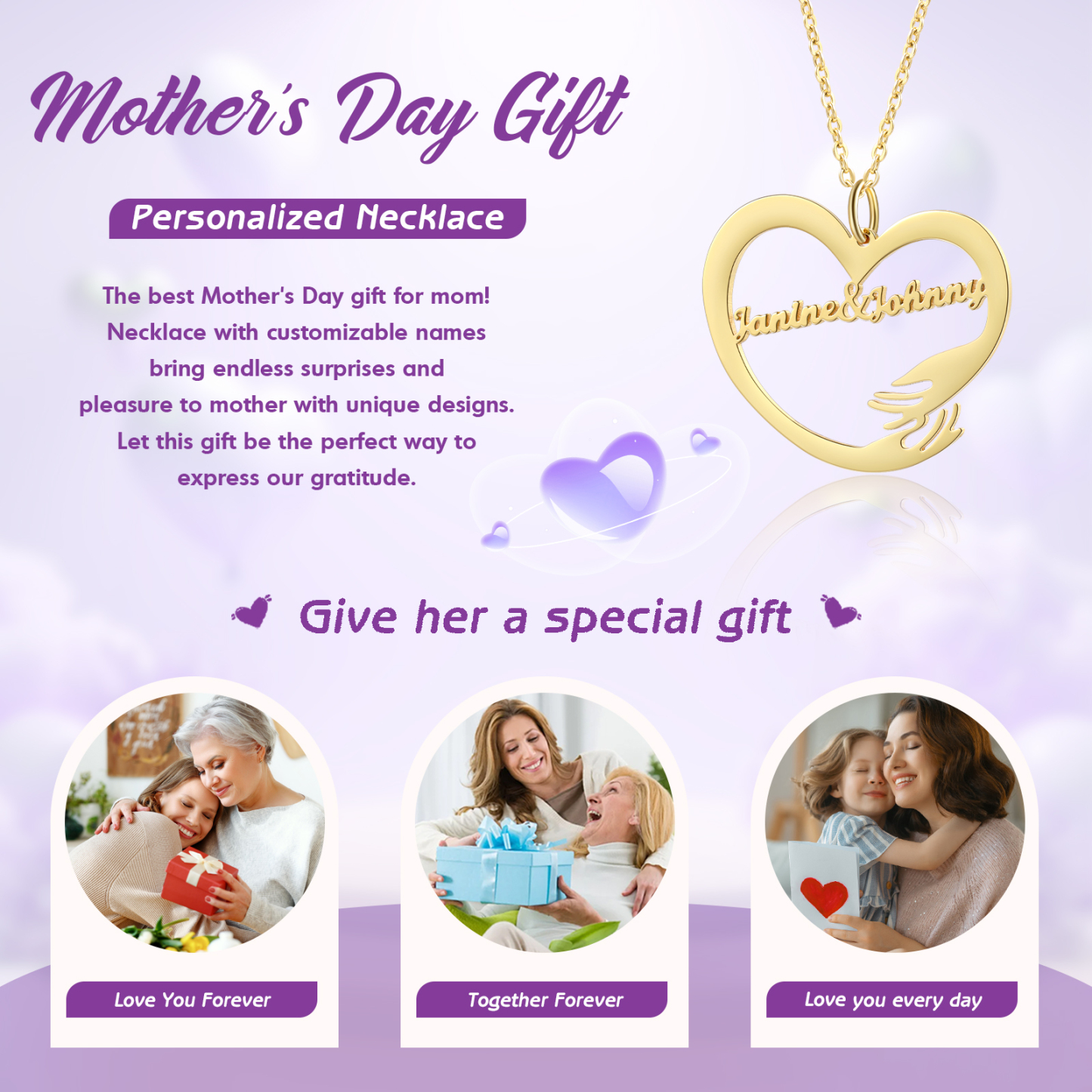 Personalised 2 Names Heart Name Necklace, Custom Women's Pendant Necklace Gift for Women | Jessemade