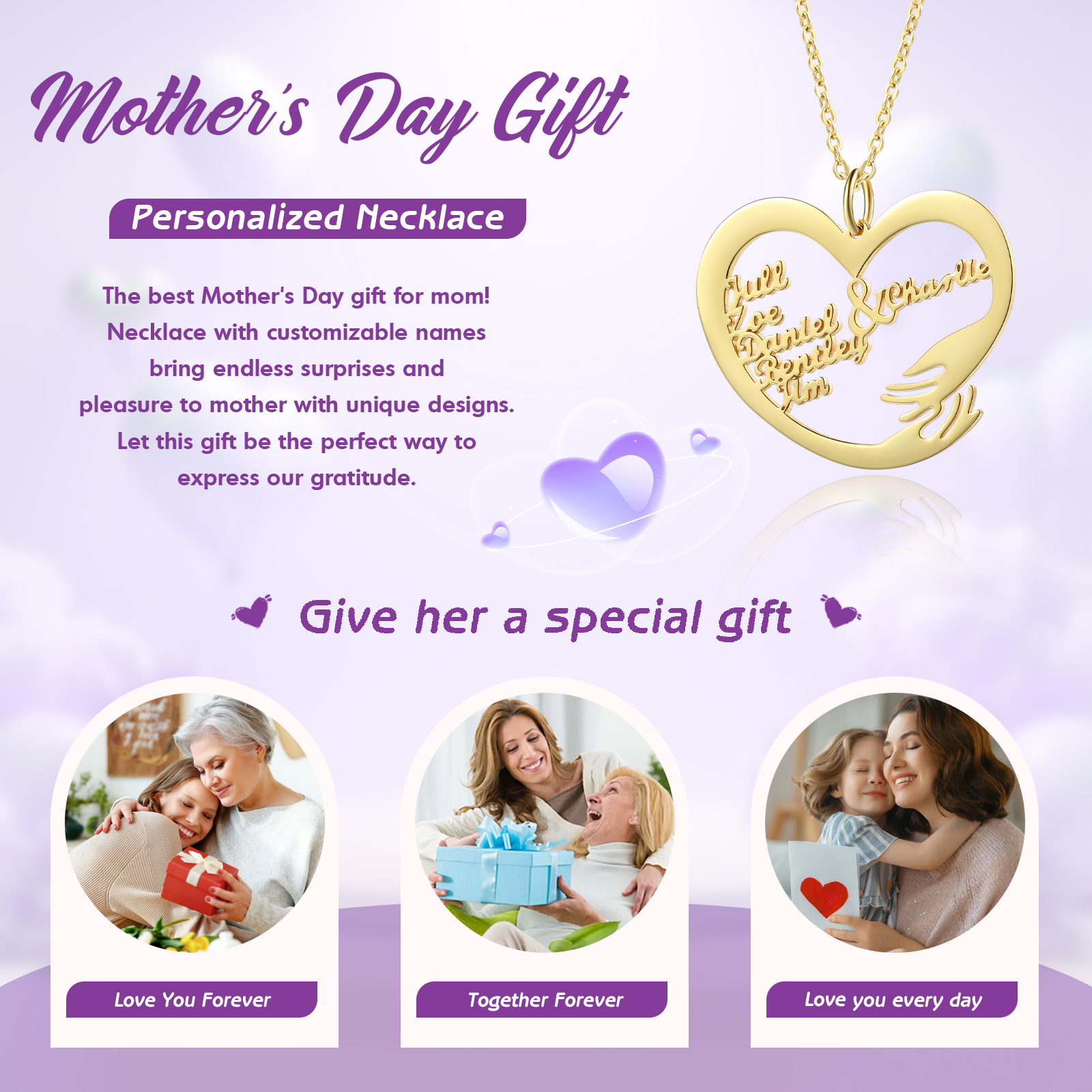 Personalised 6 Names Heart Name Necklace, Custom Women's Pendant Necklace Gift for Women | Jessemade