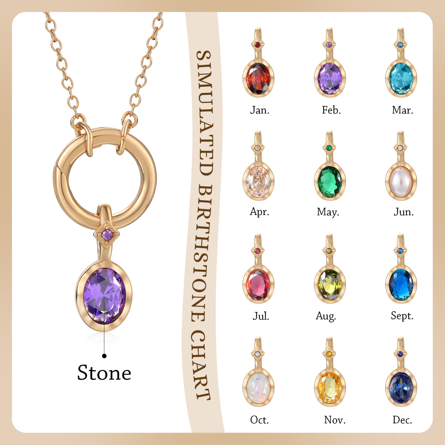 Personalised Birthstone Necklace, Custom Gold Pendant with Simulated Stone for Women | Jessemade