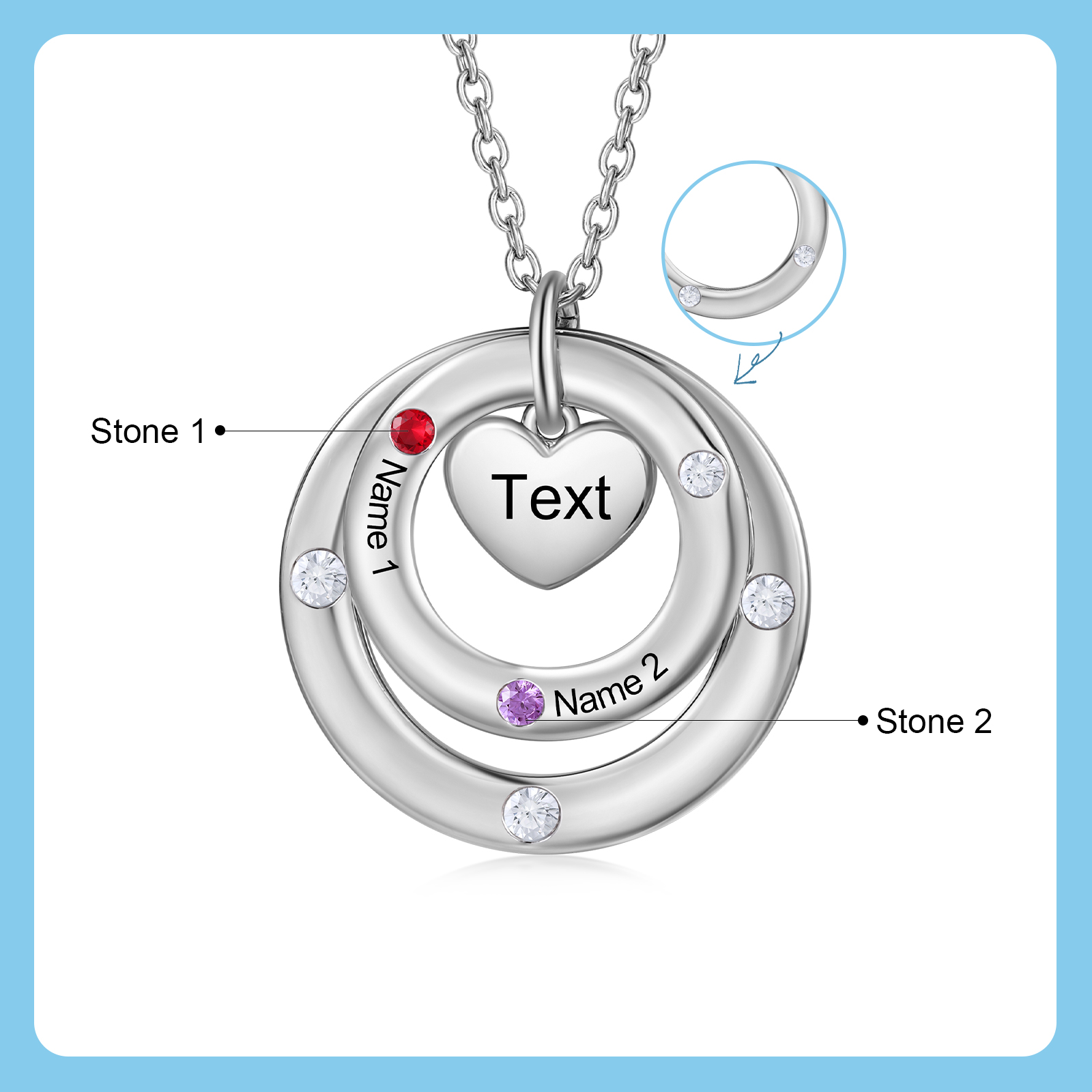 Personalized Women's Birthstone Necklace with 2 Names & 2 Birthstones & 1 Text Design Gift for Her | Lorajewel