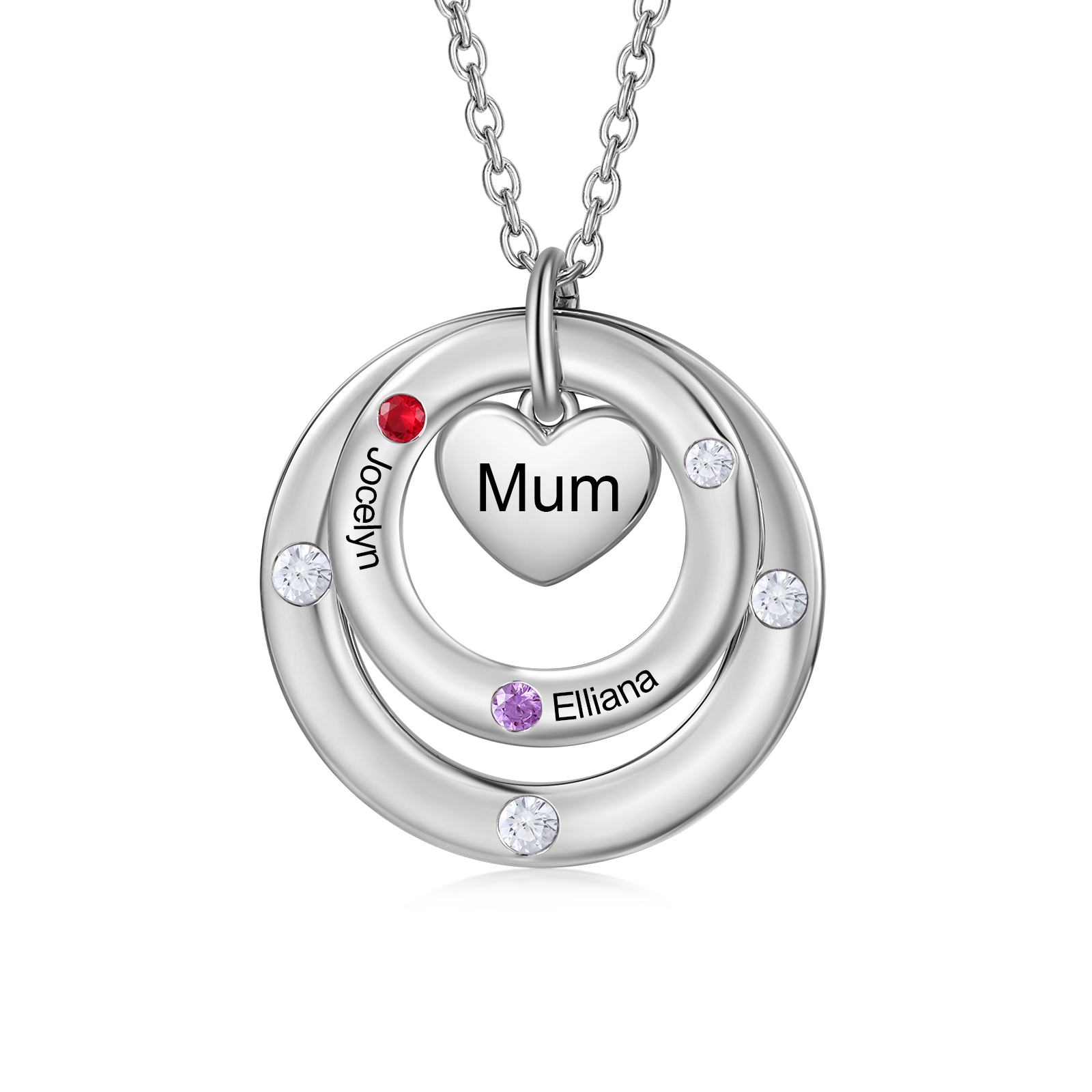 Personalized Women's Birthstone Necklace with 2 Names & 2 Birthstones & 1 Text Design Gift for Her | Lorajewel