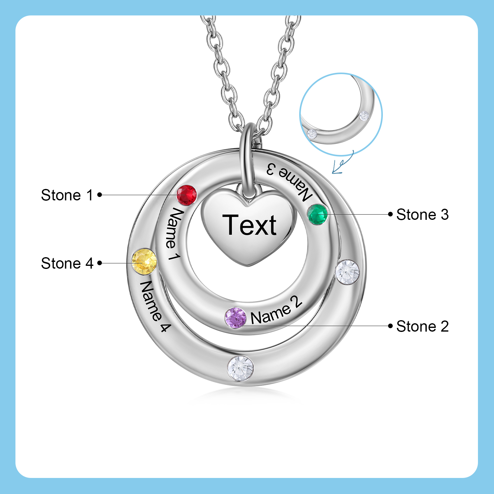Personalized Women's Birthstone Necklace with 4 Names & 4 Birthstones & 1 Text Design Gift for Her | Lorajewel
