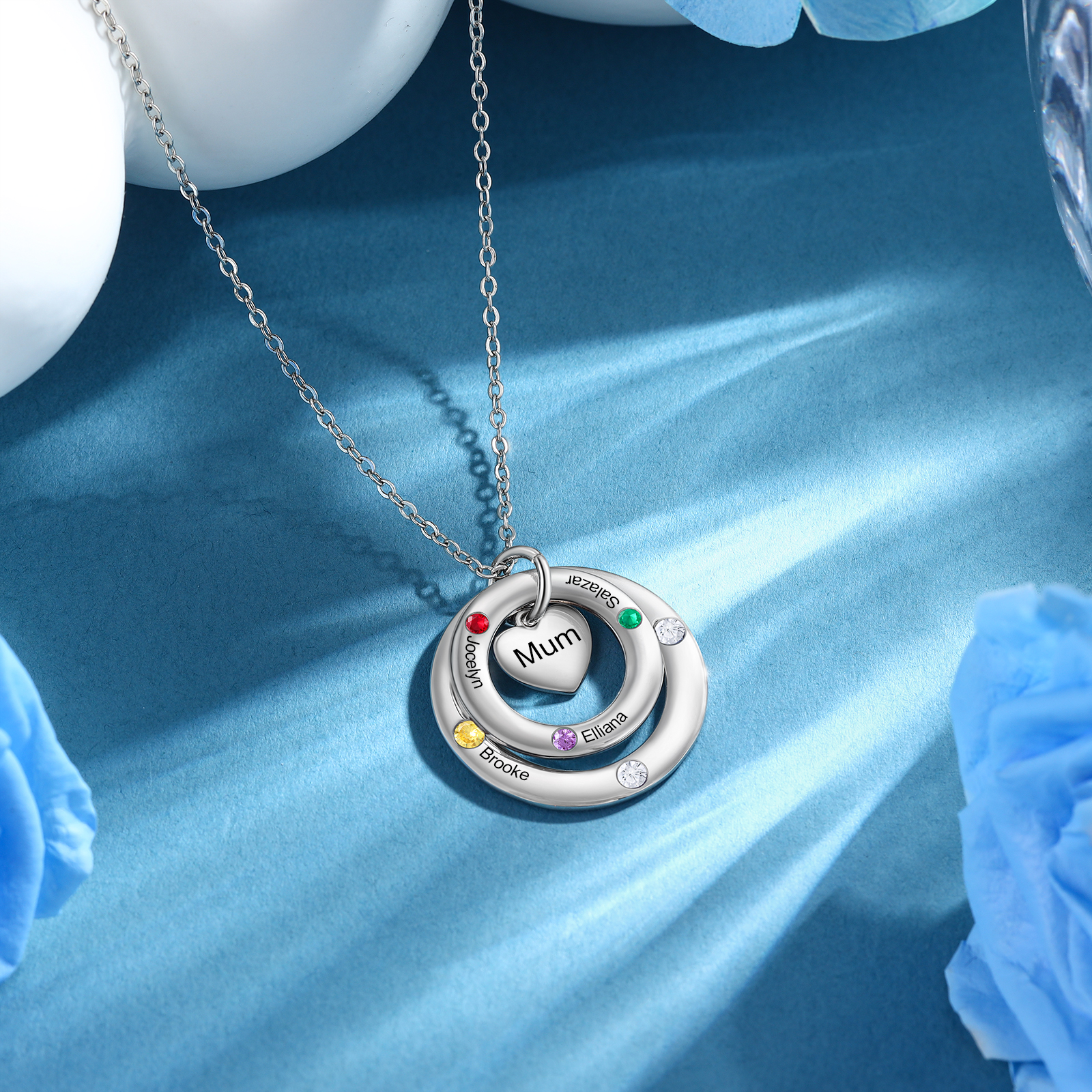 Personalized Women's Birthstone Necklace with 4 Names & 4 Birthstones & 1 Text Design Gift for Her | Lorajewel