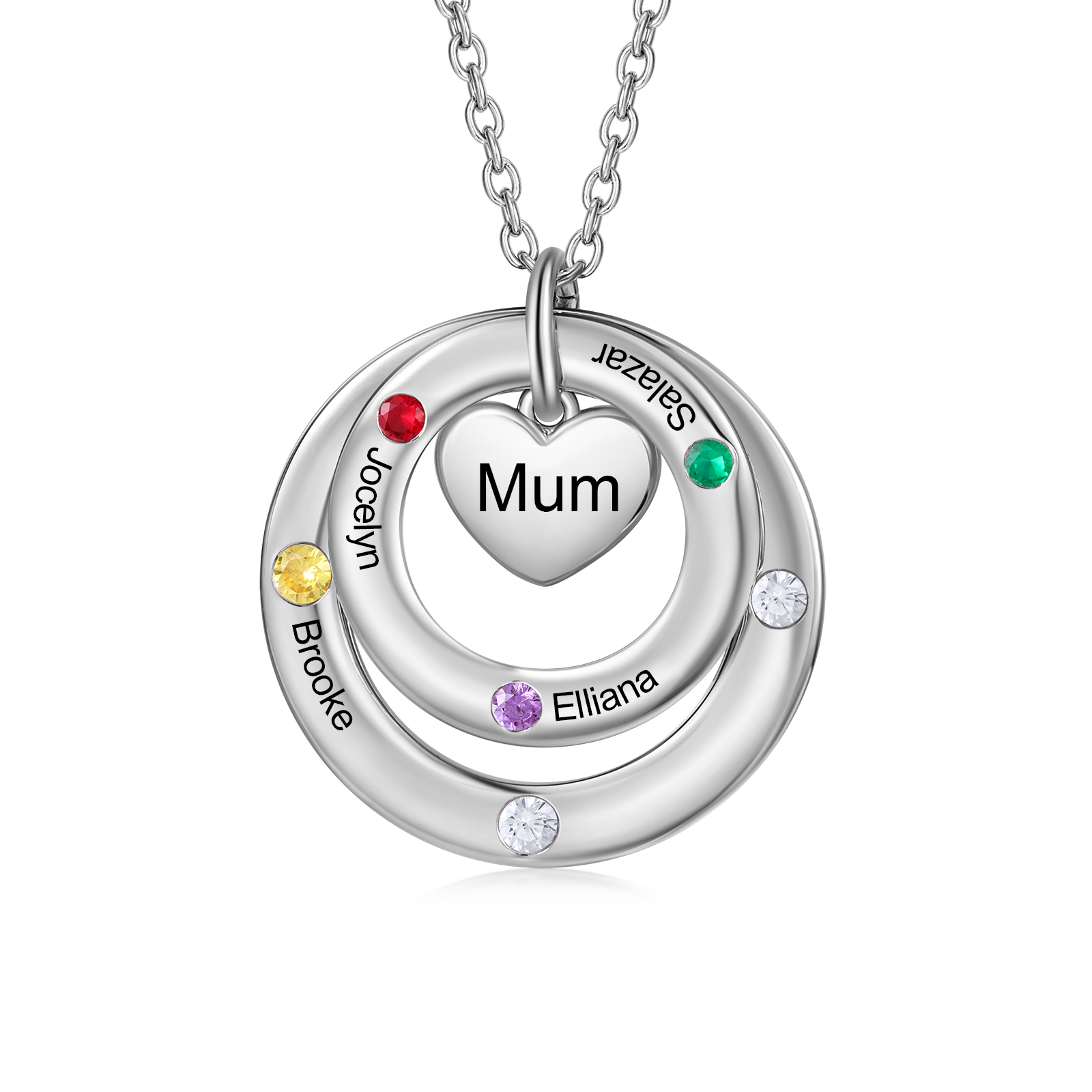 Personalized Women's Birthstone Necklace with 4 Names & 4 Birthstones & 1 Text Design Gift for Her | Lorajewel