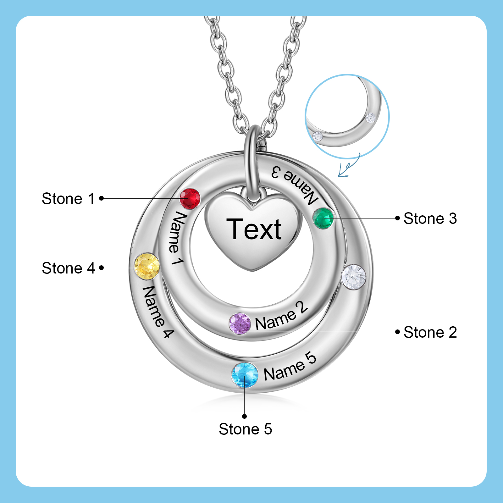 Personalized Women's Birthstone Necklace with 5 Names & 5 Birthstones & 1 Text Design Gift for Her | Lorajewel