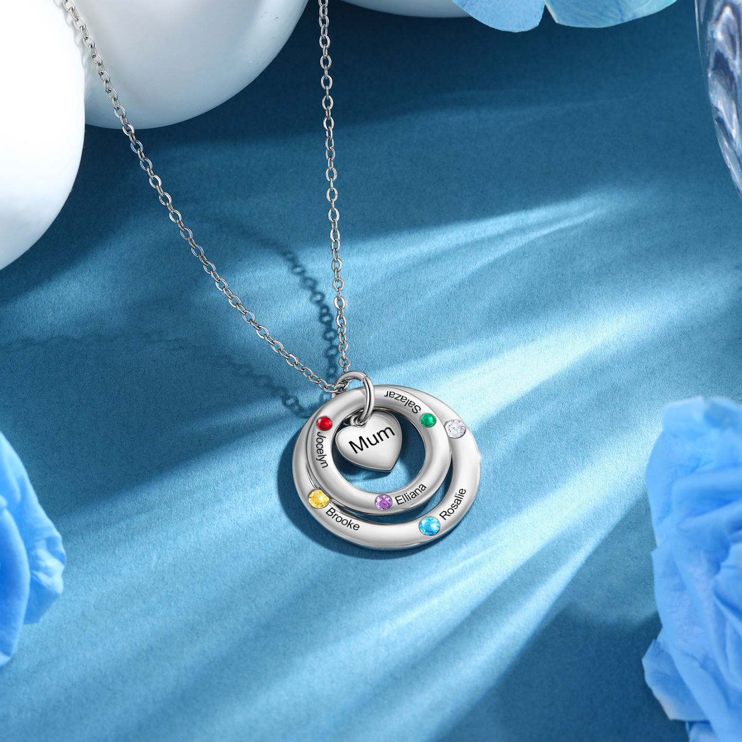 Personalized Women's Birthstone Necklace with 5 Names & 5 Birthstones & 1 Text Design Gift for Her | Lorajewel