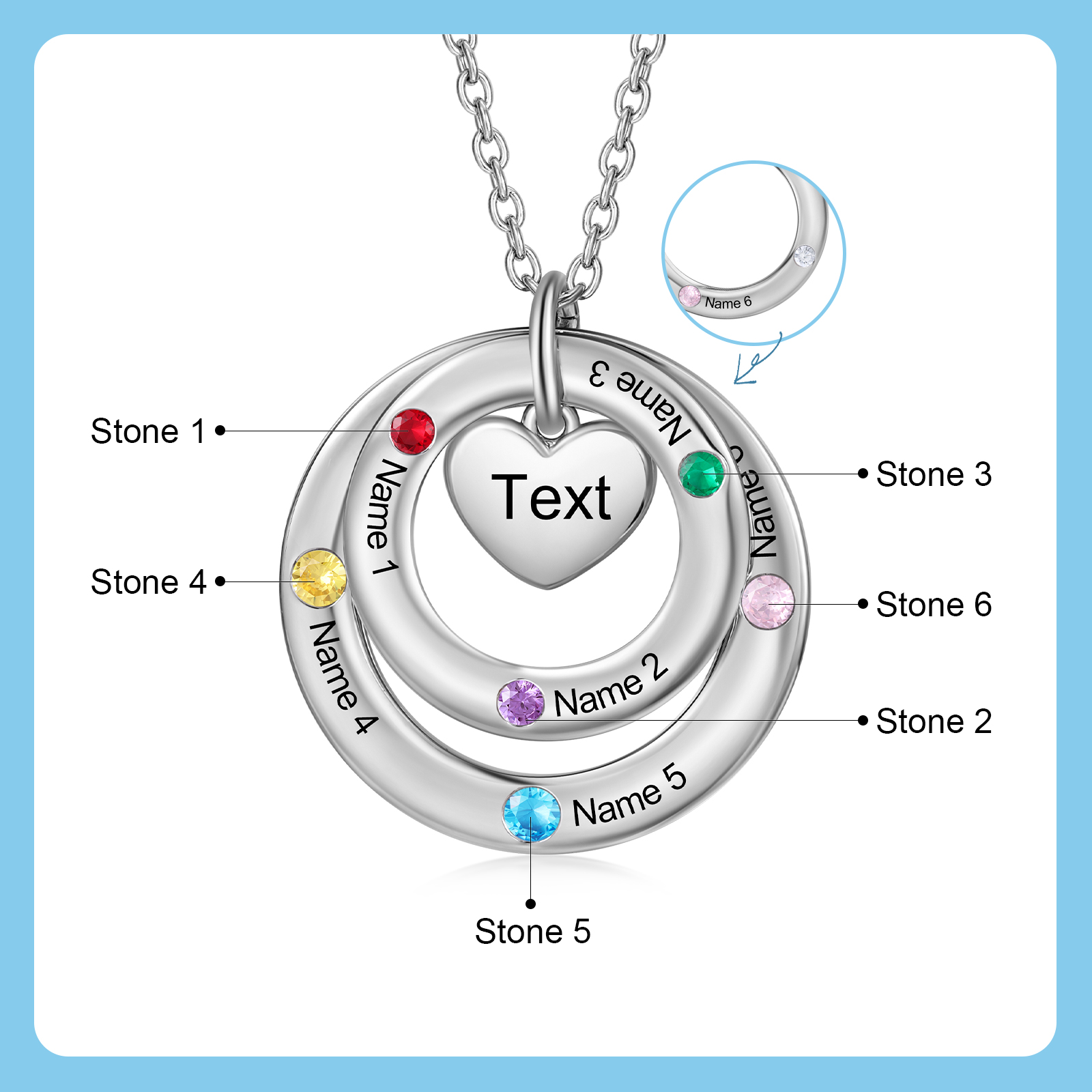 Personalized Women's Birthstone Necklace with 6 Names & 6 Birthstones & 1 Text Design Gift for Her | Lorajewel
