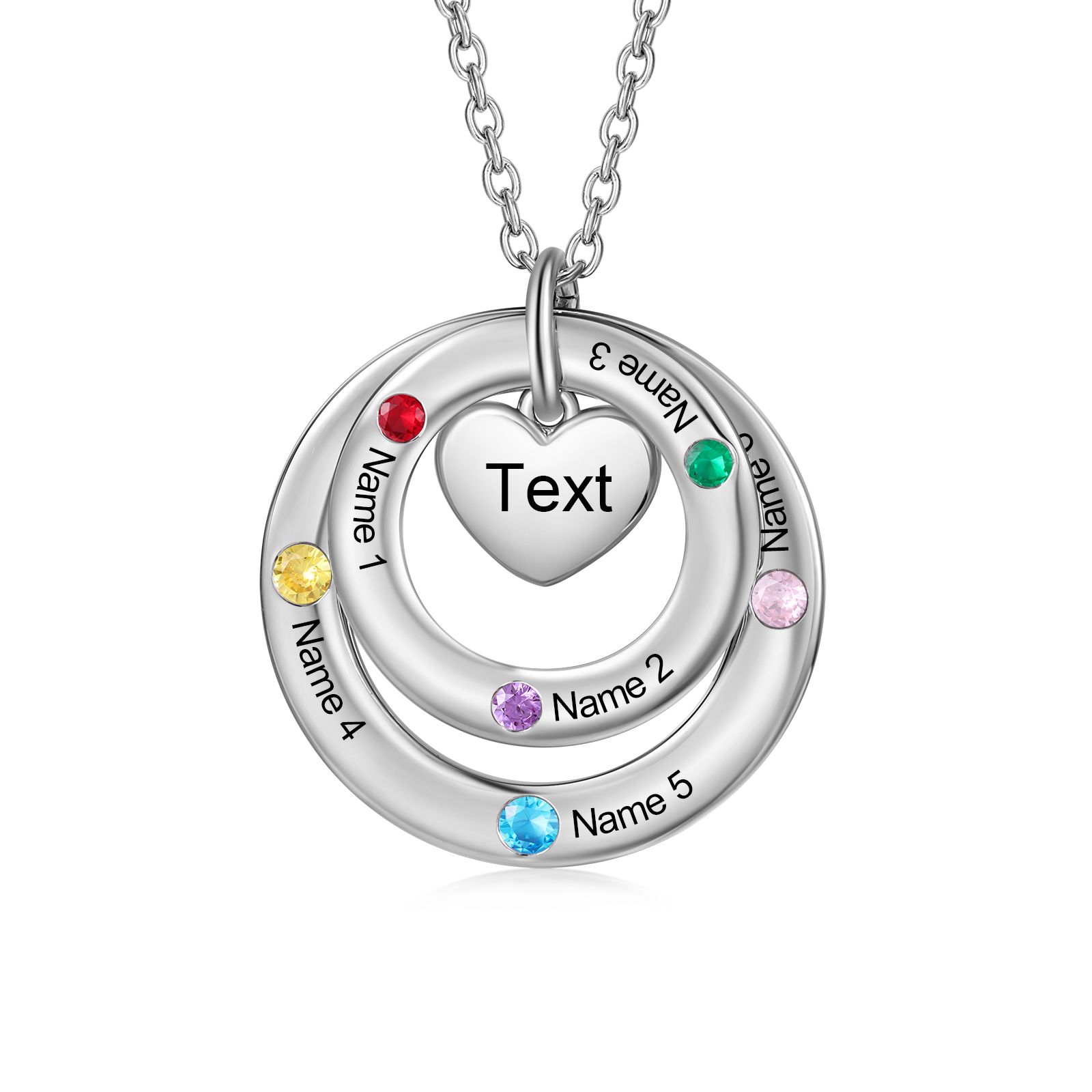 Personalized Women's Birthstone Necklace with 6 Names & 6 Birthstones & 1 Text Design Gift for Her | Lorajewel