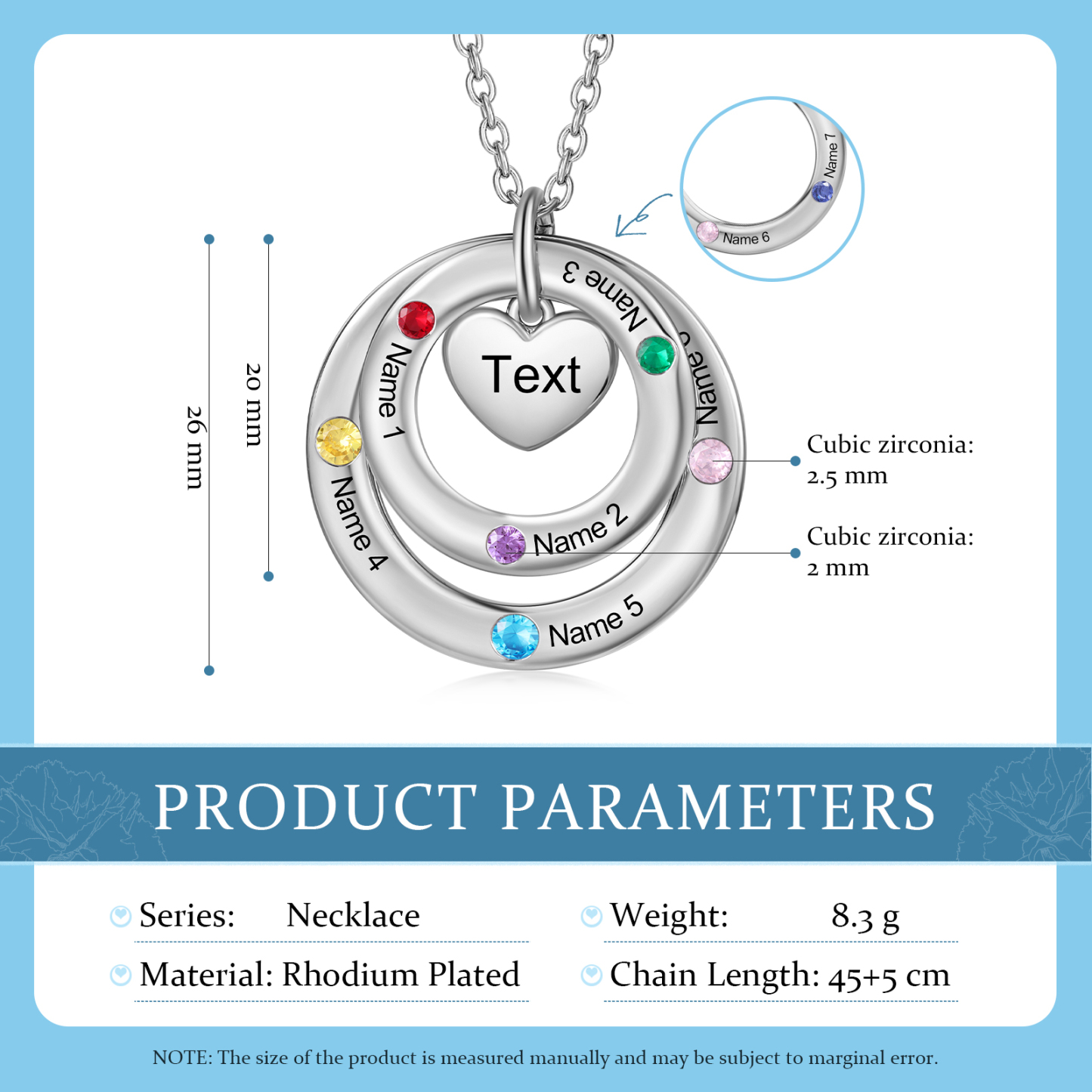 Personalized Women's Birthstone Necklace with 7 Names & 7 Birthstones & 1 Text Design Gift for Her | Lorajewel