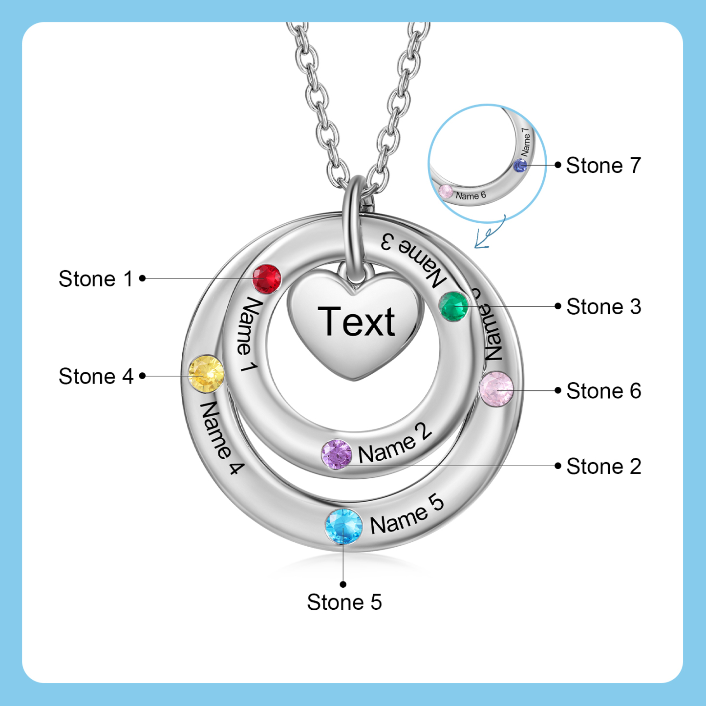 Personalized Women's Birthstone Necklace with 7 Names & 7 Birthstones & 1 Text Design Gift for Her | Lorajewel