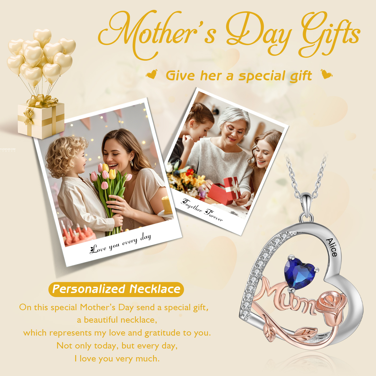 Personalized Women's Birthstone Necklace with 1 Name & 1 Birthstone, Heart Pendant Design Gift for Her | Lorajewel