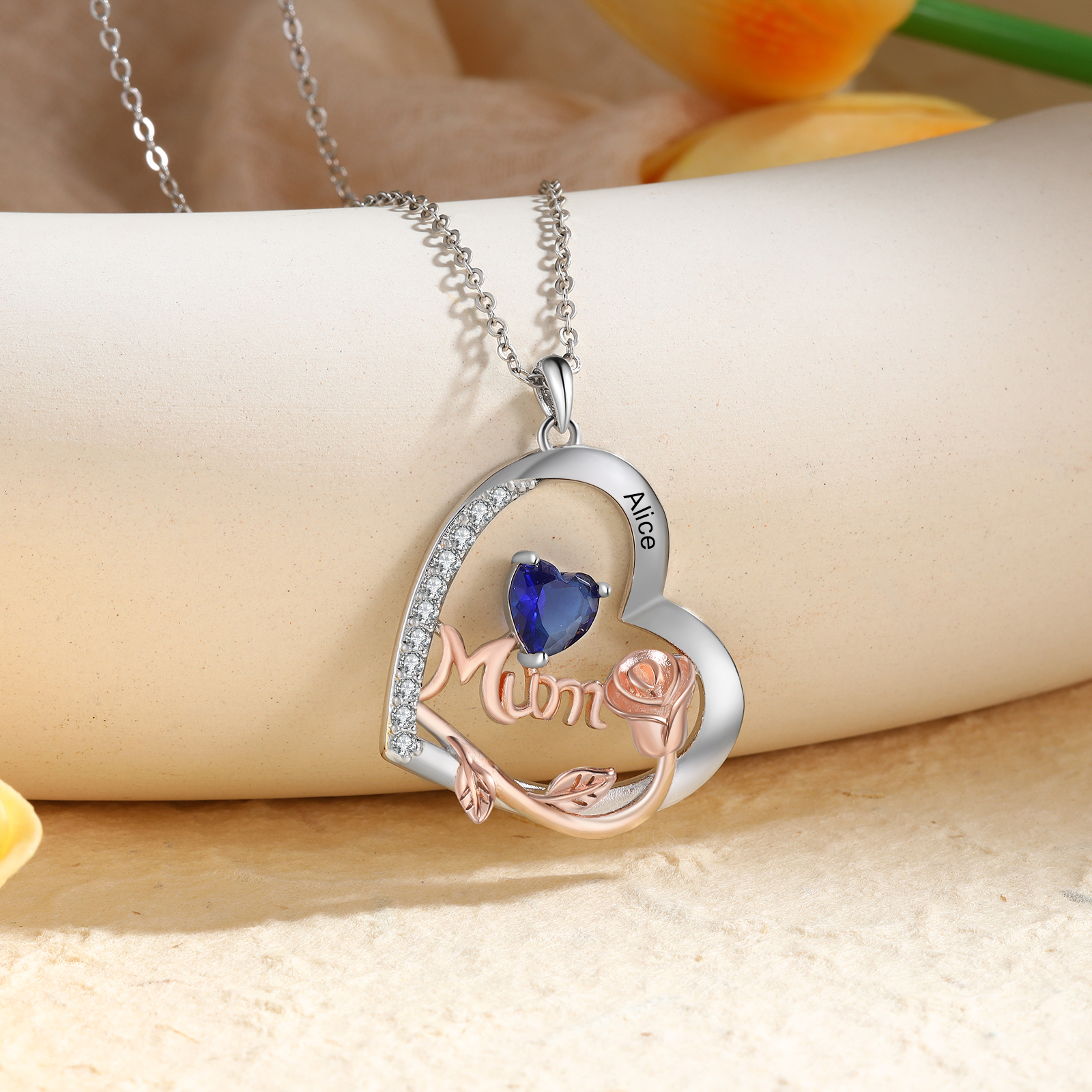 Personalized Women's Birthstone Necklace with 1 Name & 1 Birthstone, Heart Pendant Design Gift for Her | Lorajewel
