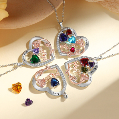 Personalized Women's Birthstone Necklace with 4 Names & 4 Birthstones, Heart Pendant Design Gift for Her | Lorajewel