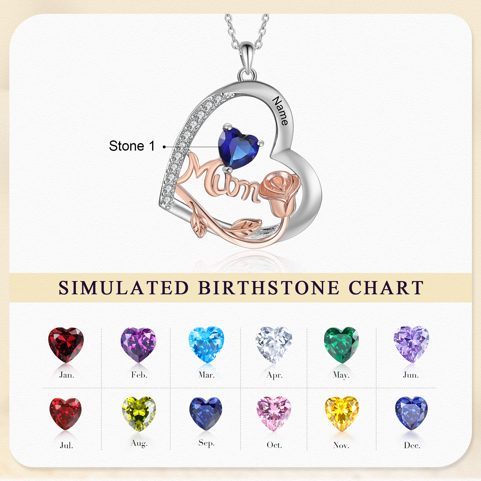 Personalized Women's Birthstone Necklace with 1 Name & 1 Birthstone, Heart Pendant Design Gift for Her | Lorajewel