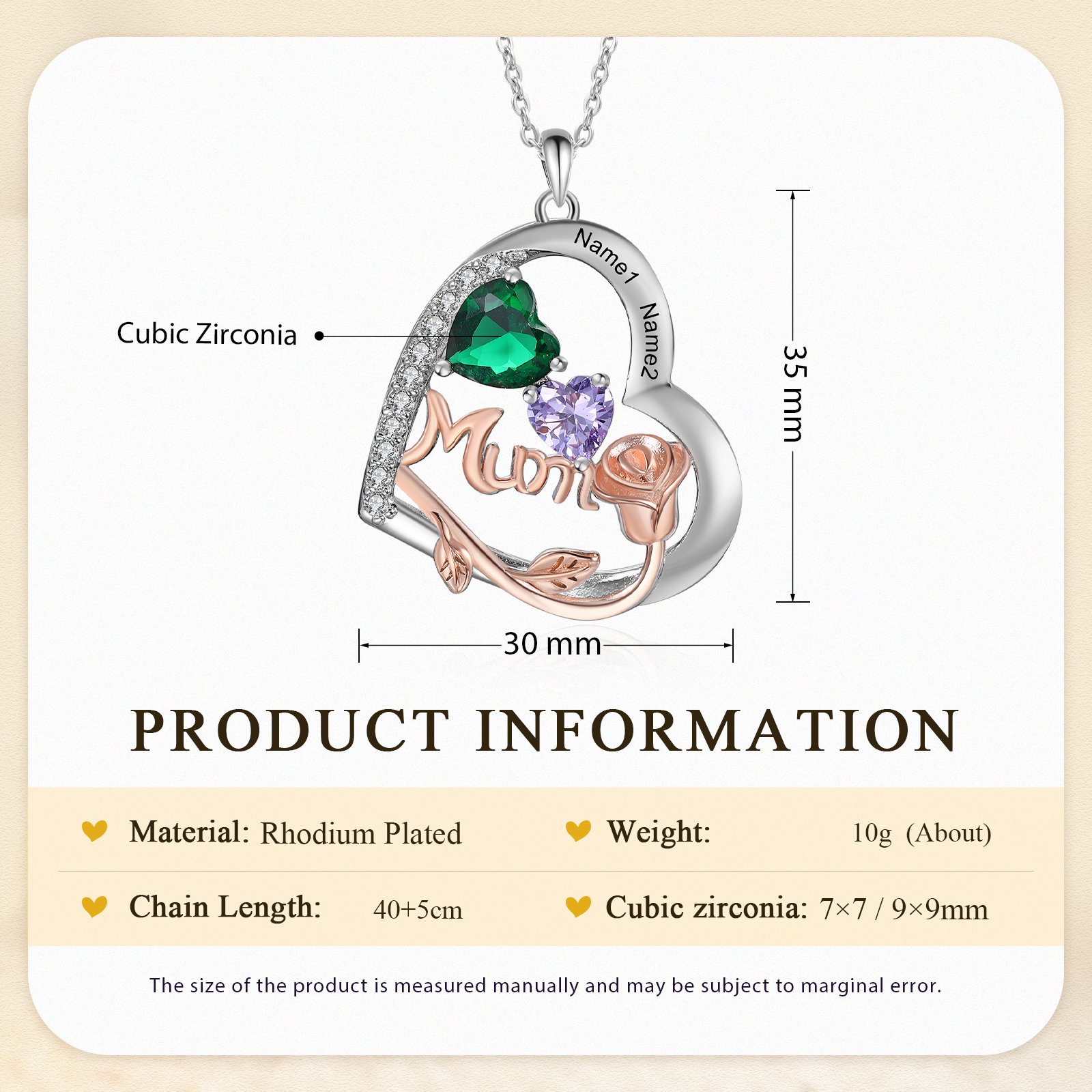 Personalized Women's Birthstone Necklace with 2 Names & 2 Birthstones, Heart Pendant Design Gift for Her | Lorajewel