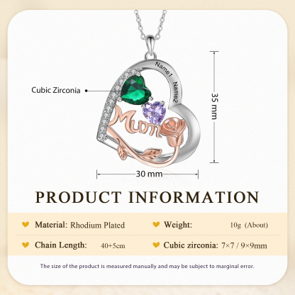 Personalized Women's Birthstone Necklace with 2 Names & 2 Birthstones, Heart Pendant Design Gift for Her | Lorajewel