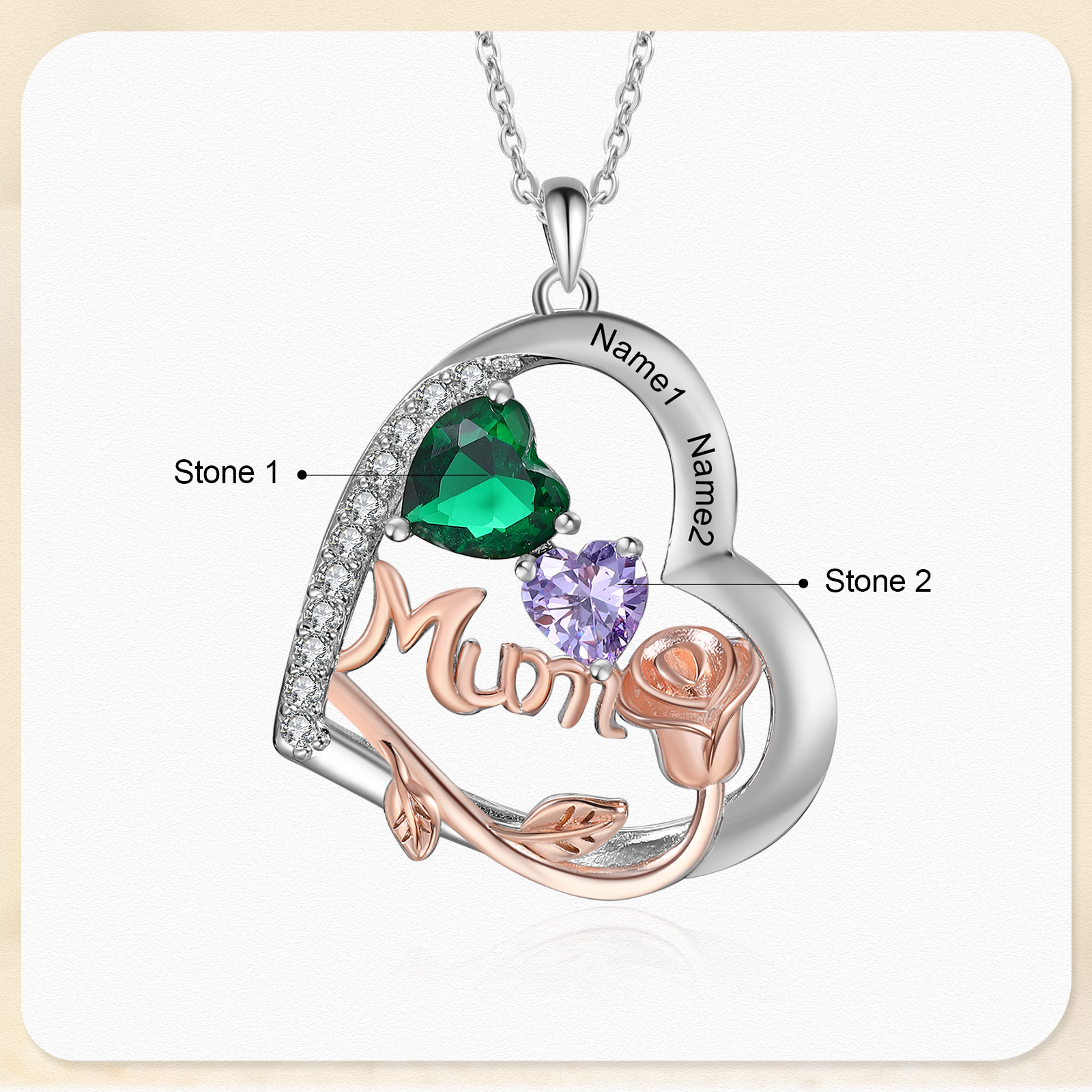 Personalized Women's Birthstone Necklace with 2 Names & 2 Birthstones, Heart Pendant Design Gift for Her | Lorajewel