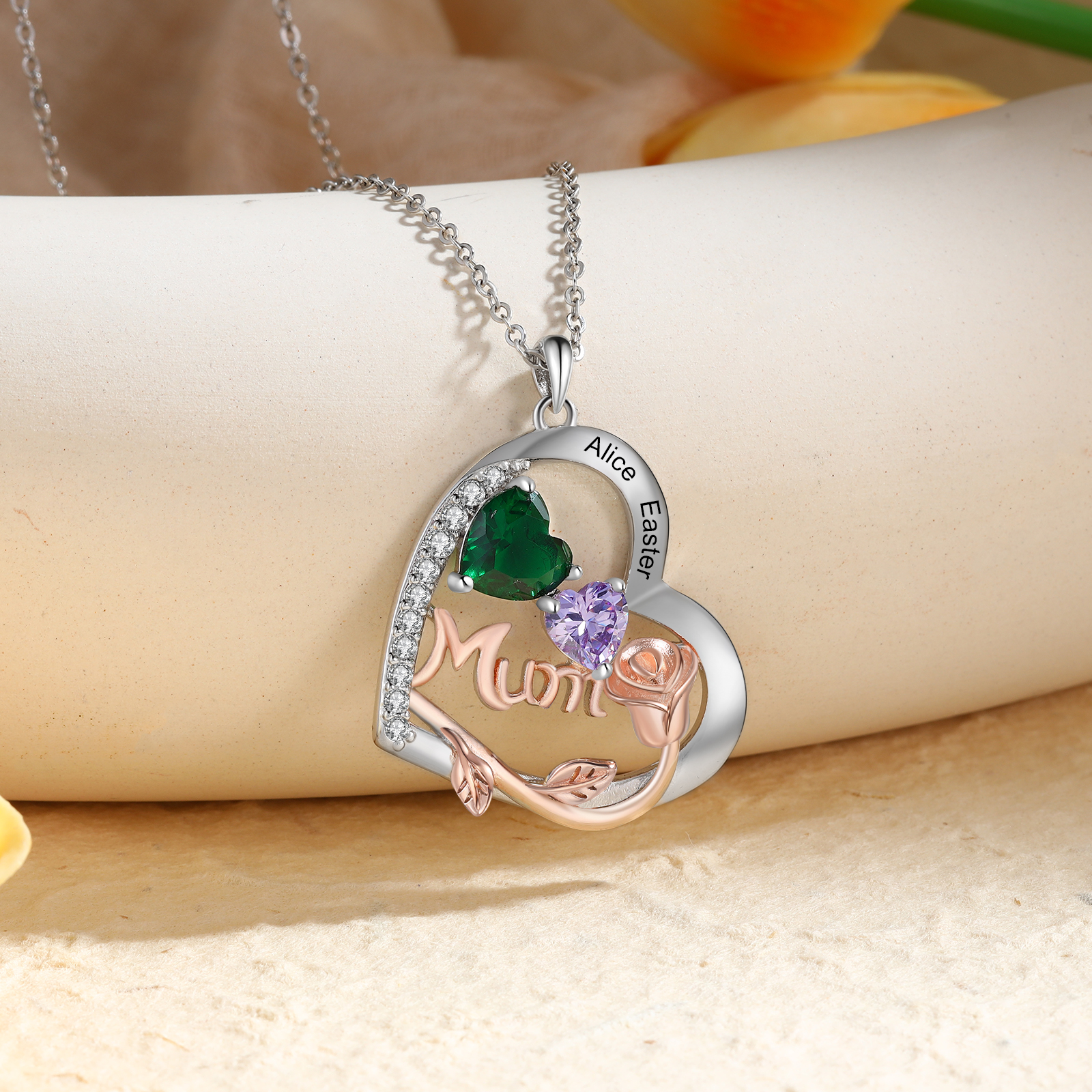 Personalized Women's Birthstone Necklace with 2 Names & 2 Birthstones, Heart Pendant Design Gift for Her | Lorajewel