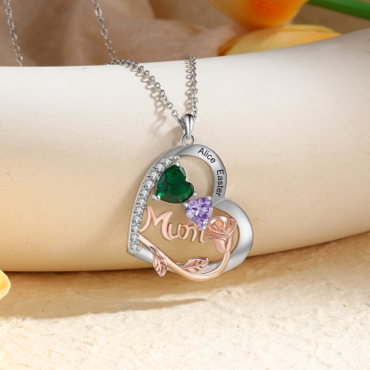 Personalized Women's Birthstone Necklace with 2 Names & 2 Birthstones, Heart Pendant Design Gift for Her | Lorajewel