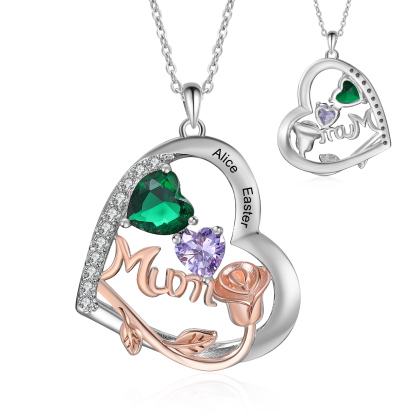 Personalized Women's Birthstone Necklace with 2 Names & 2 Birthstones, Heart Pendant Design Gift for Her | Lorajewel
