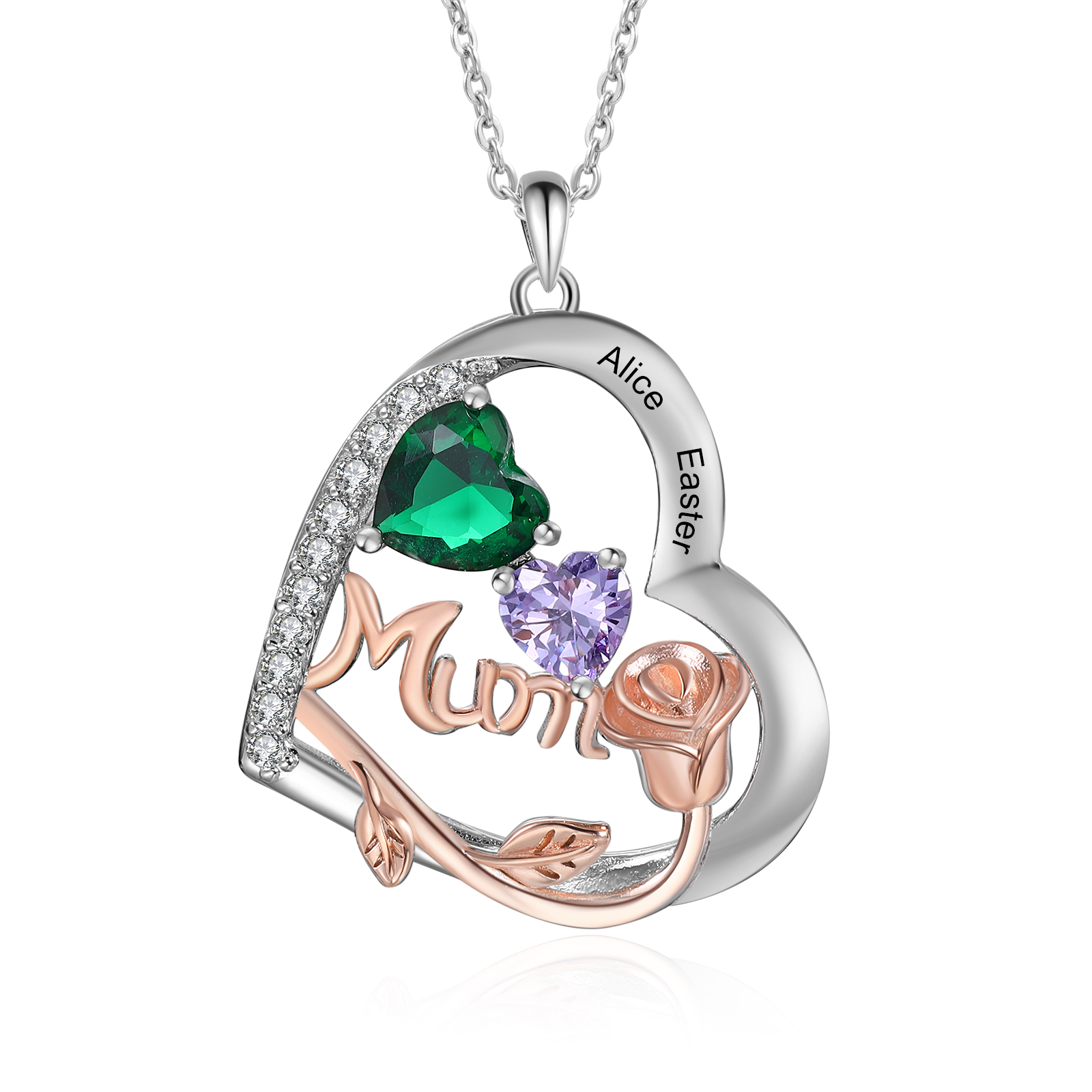 Personalized Women's Birthstone Necklace with 2 Names & 2 Birthstones, Heart Pendant Design Gift for Her | Lorajewel