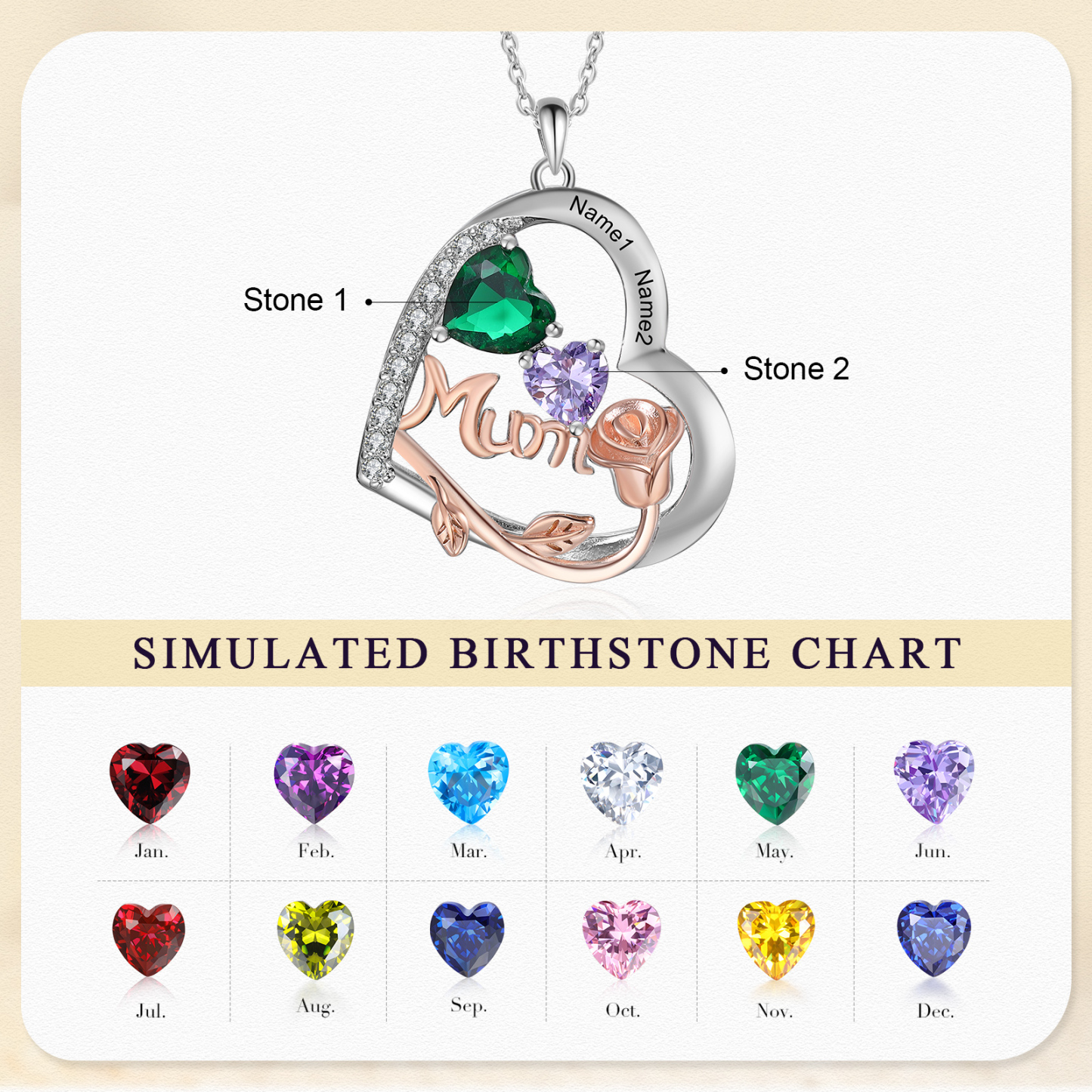 Personalized Women's Birthstone Necklace with 2 Names & 2 Birthstones, Heart Pendant Design Gift for Her | Lorajewel