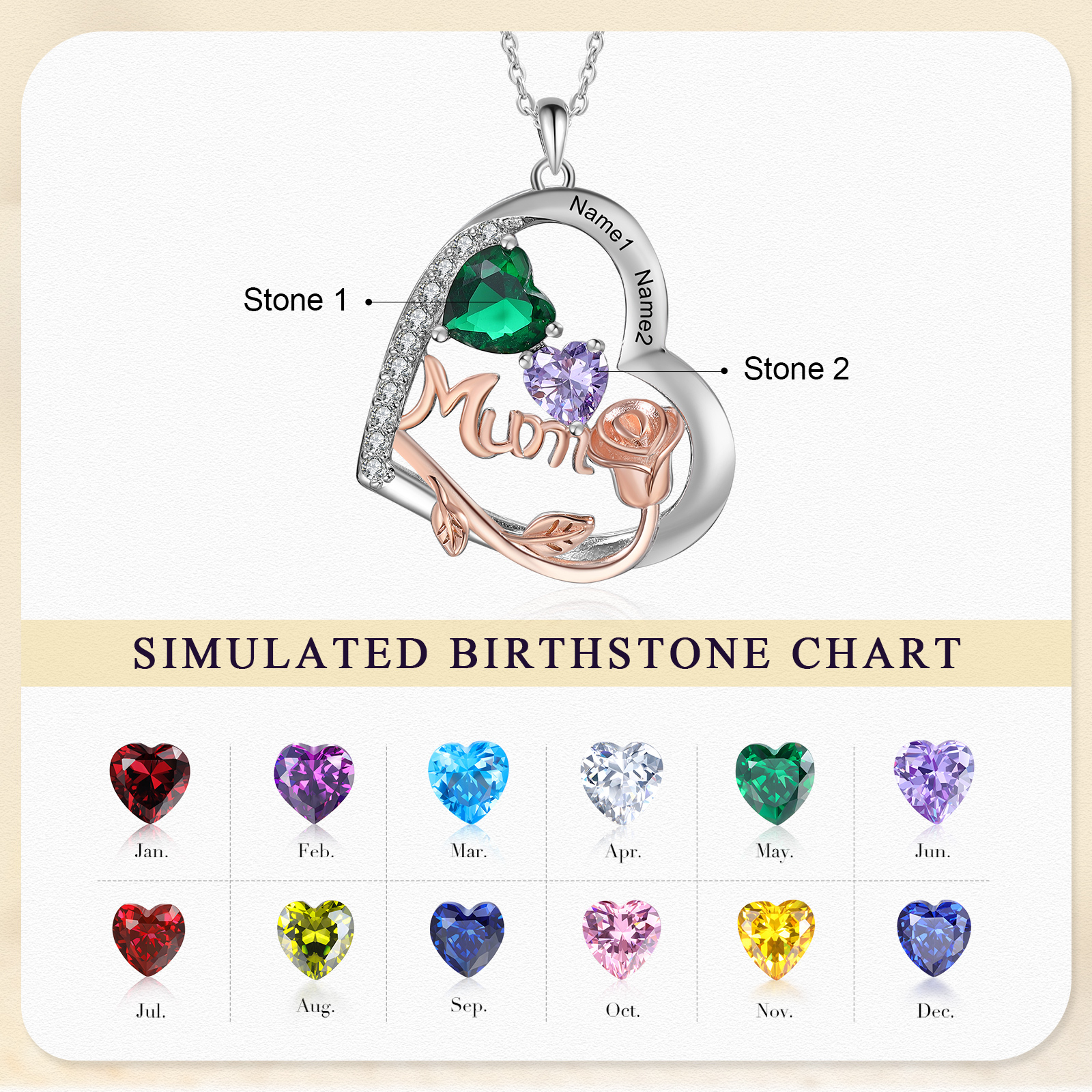 Personalized Women's Birthstone Necklace with 2 Names & 2 Birthstones, Heart Pendant Design Gift for Her | Lorajewel