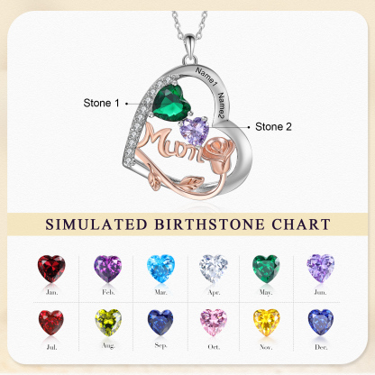 Personalized Women's Birthstone Necklace with 2 Names & 2 Birthstones, Heart Pendant Design Gift for Her | Lorajewel