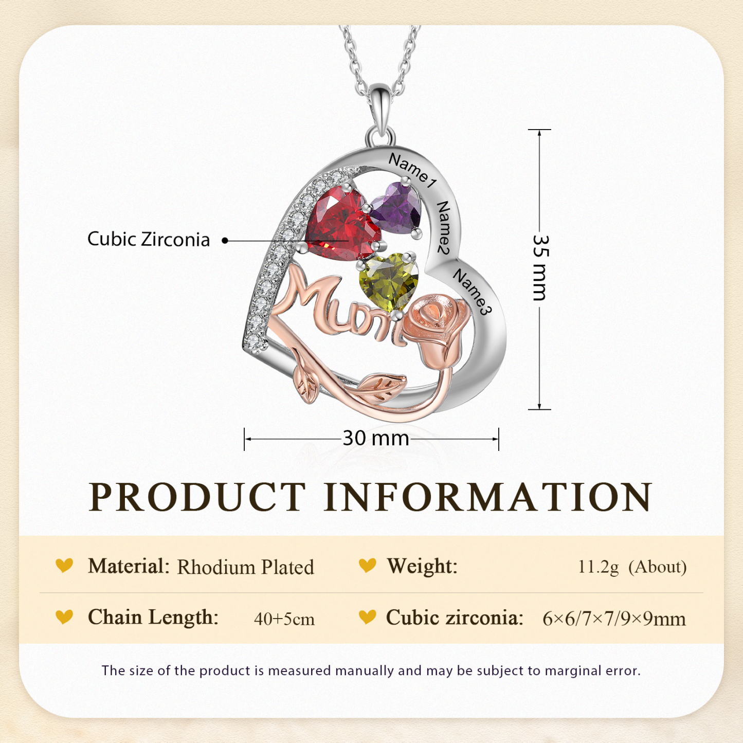 Personalized Women's Birthstone Necklace with 3 Names & 3 Birthstones, Heart Pendant Design Gift for Her | Lorajewel