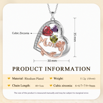 Personalized Women's Birthstone Necklace with 3 Names & 3 Birthstones, Heart Pendant Design Gift for Her | Lorajewel