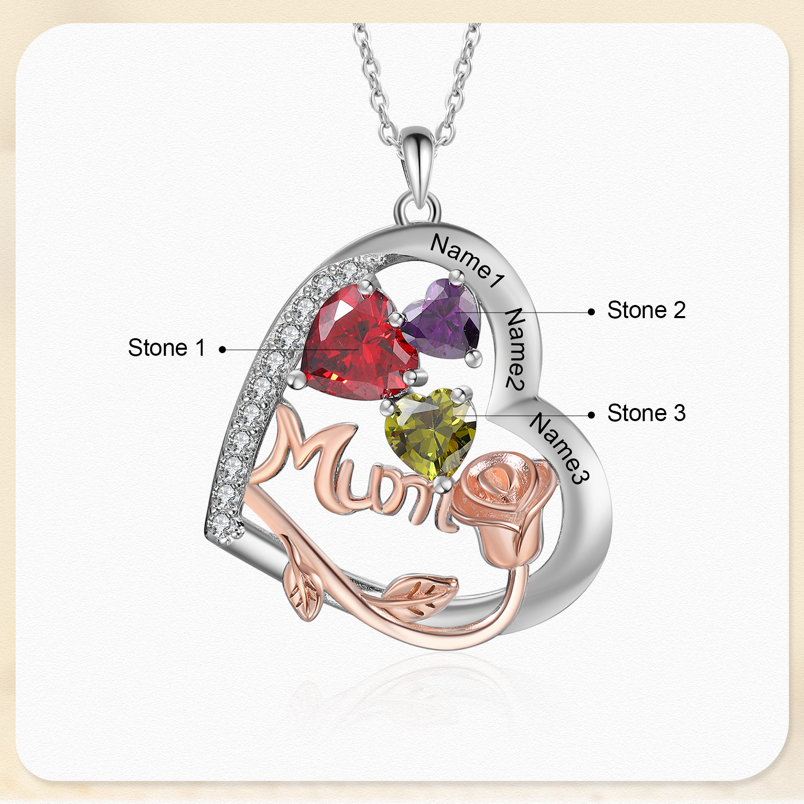 Personalized Women's Birthstone Necklace with 3 Names & 3 Birthstones, Heart Pendant Design Gift for Her | Lorajewel