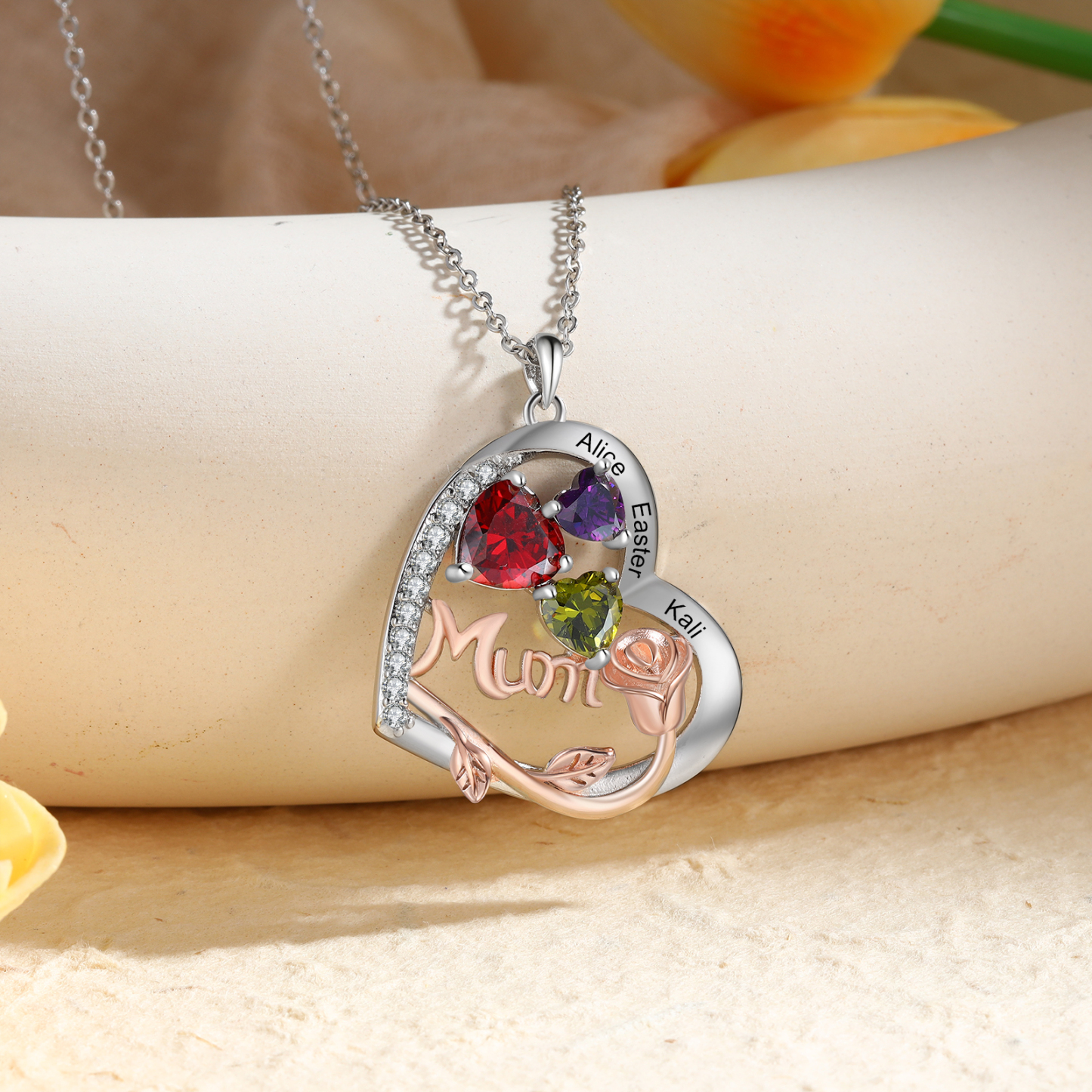 Personalized Women's Birthstone Necklace with 3 Names & 3 Birthstones, Heart Pendant Design Gift for Her | Lorajewel
