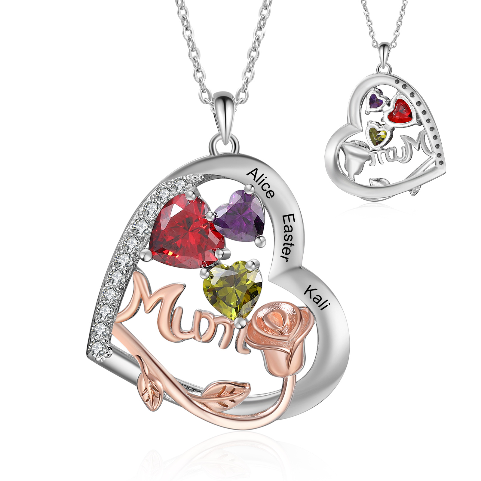 Personalized Women's Birthstone Necklace with 3 Names & 3 Birthstones, Heart Pendant Design Gift for Her | Lorajewel