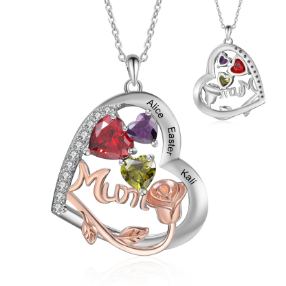 Personalized Women's Birthstone Necklace with 3 Names & 3 Birthstones, Heart Pendant Design Gift for Her | Lorajewel