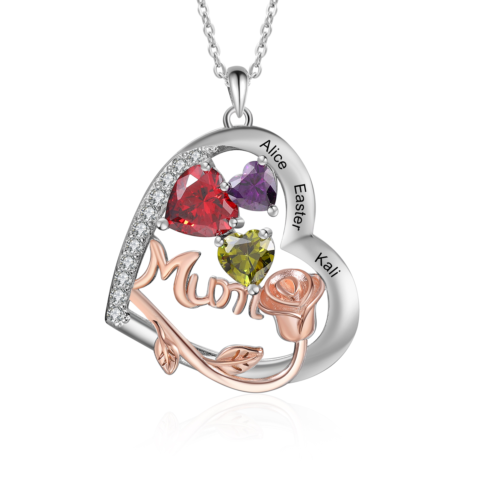Personalized Women's Birthstone Necklace with 3 Names & 3 Birthstones, Heart Pendant Design Gift for Her | Lorajewel
