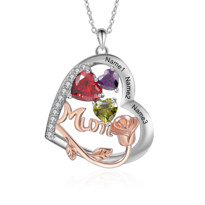 Personalized Women's Birthstone Necklace with 3 Names & 3 Birthstones, Heart Pendant Design Gift for Her | Lorajewel