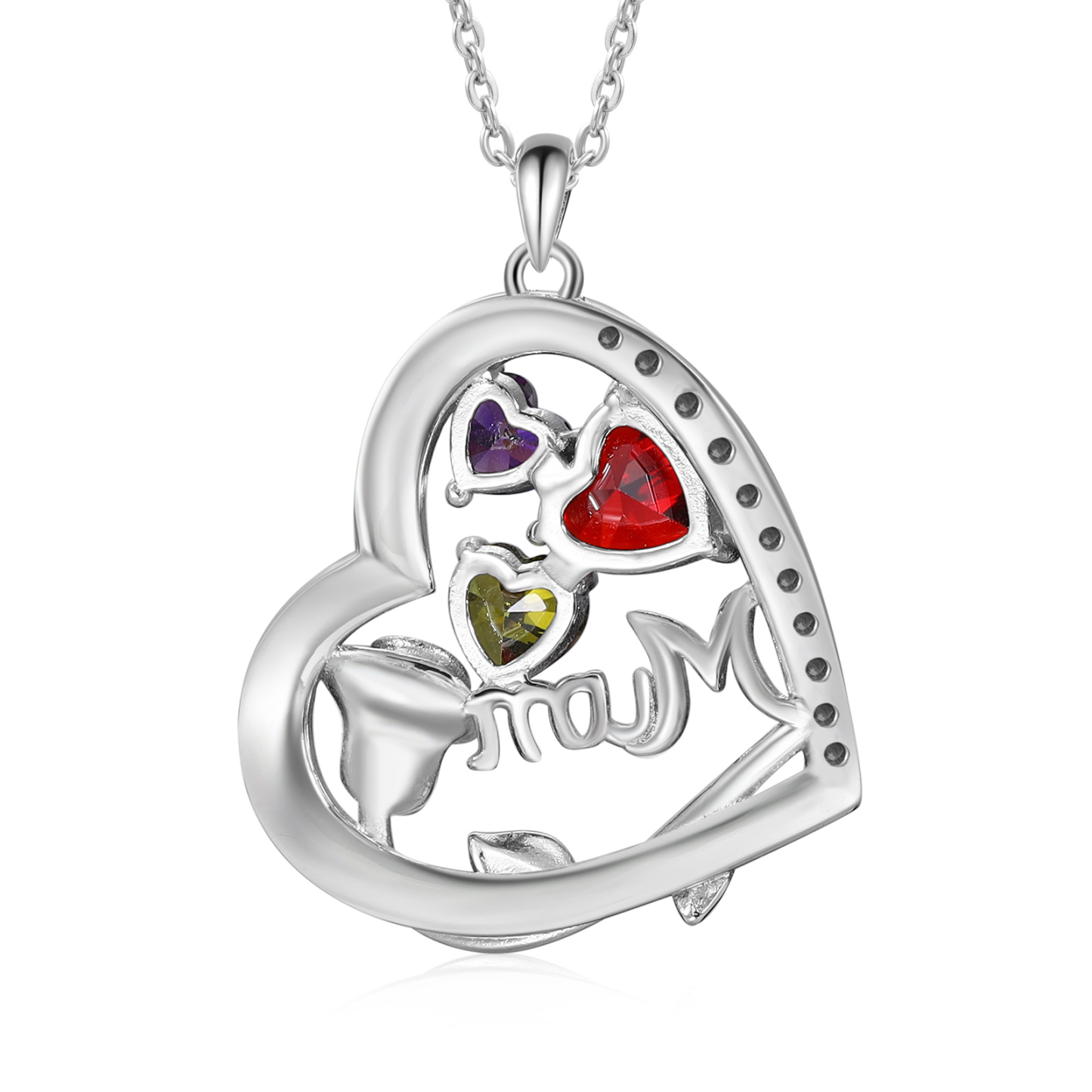Personalized Women's Birthstone Necklace with 3 Names & 3 Birthstones, Heart Pendant Design Gift for Her | Lorajewel