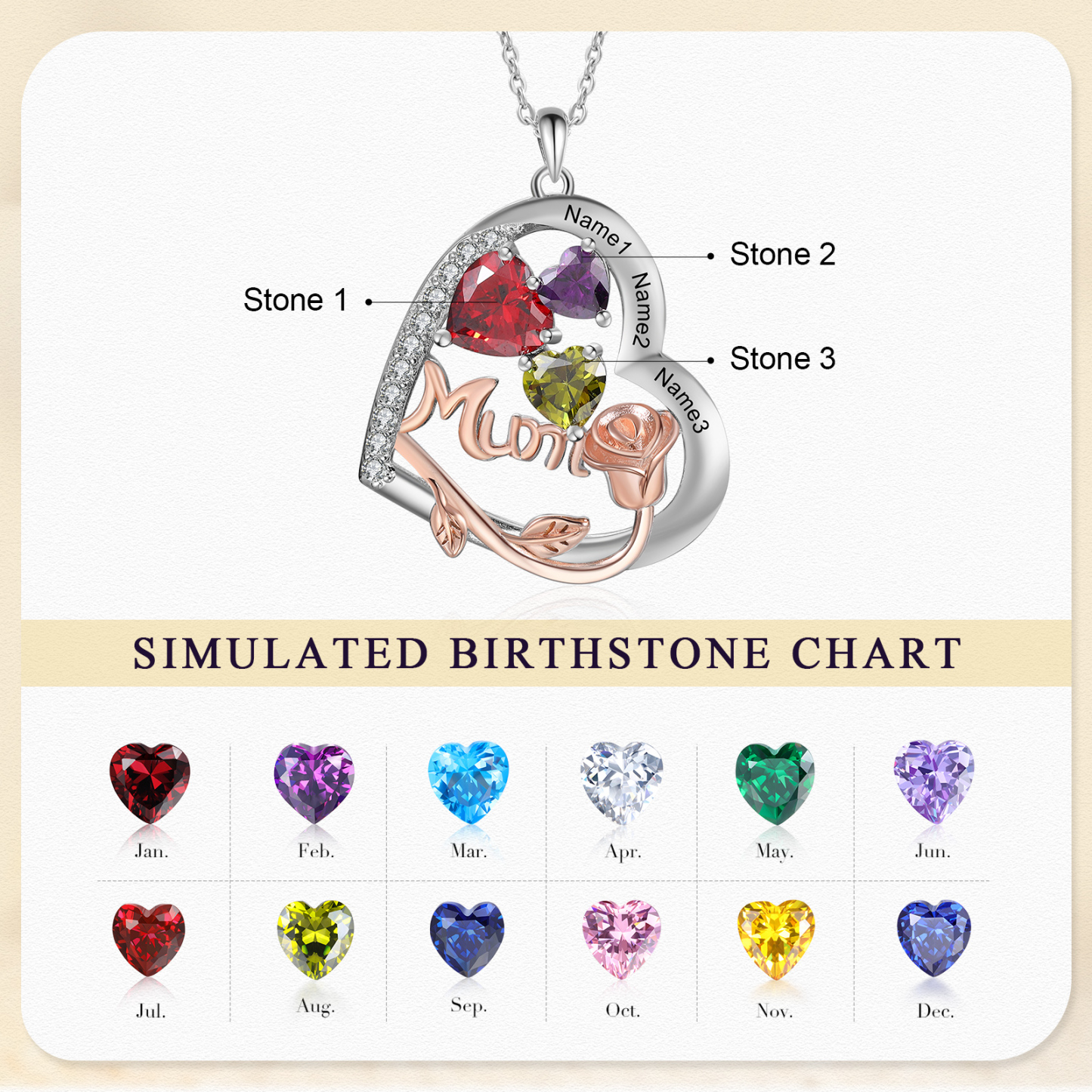 Personalized Women's Birthstone Necklace with 3 Names & 3 Birthstones, Heart Pendant Design Gift for Her | Lorajewel