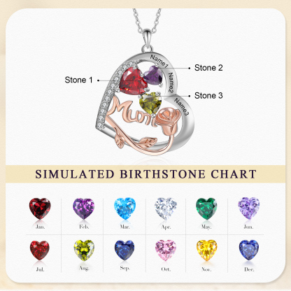 Personalized Women's Birthstone Necklace with 3 Names & 3 Birthstones, Heart Pendant Design Gift for Her | Lorajewel