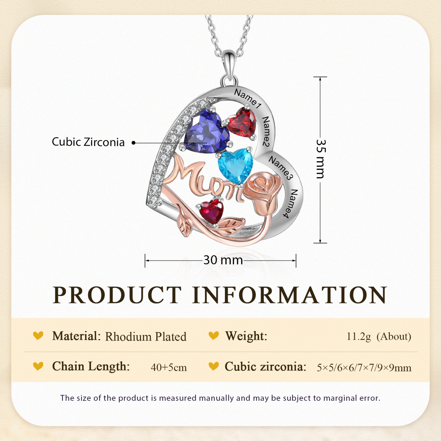 Personalized Women's Birthstone Necklace with 4 Names & 4 Birthstones, Heart Pendant Design Gift for Her | Lorajewel