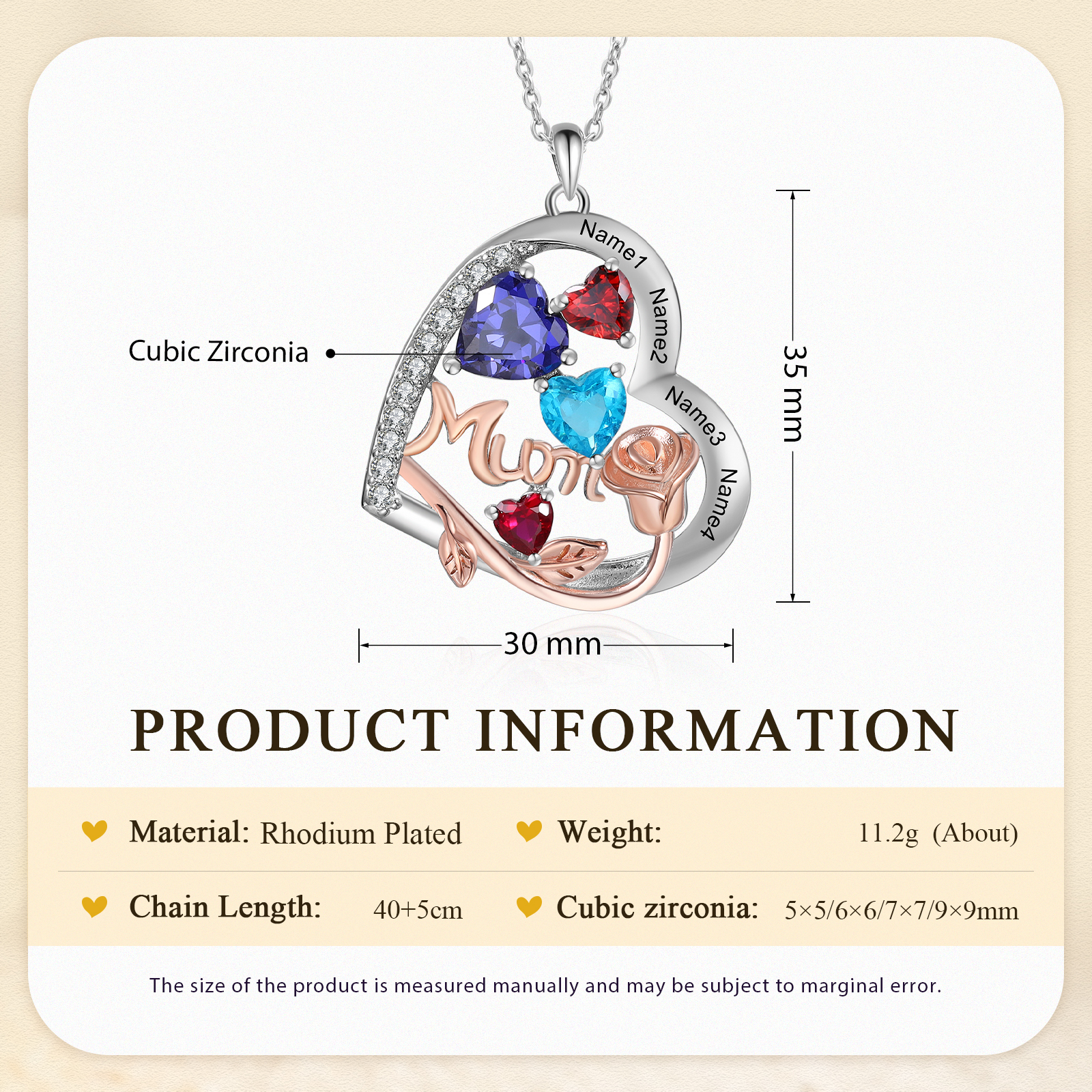 Personalized Women's Birthstone Necklace with 4 Names & 4 Birthstones, Heart Pendant Design Gift for Her | Lorajewel