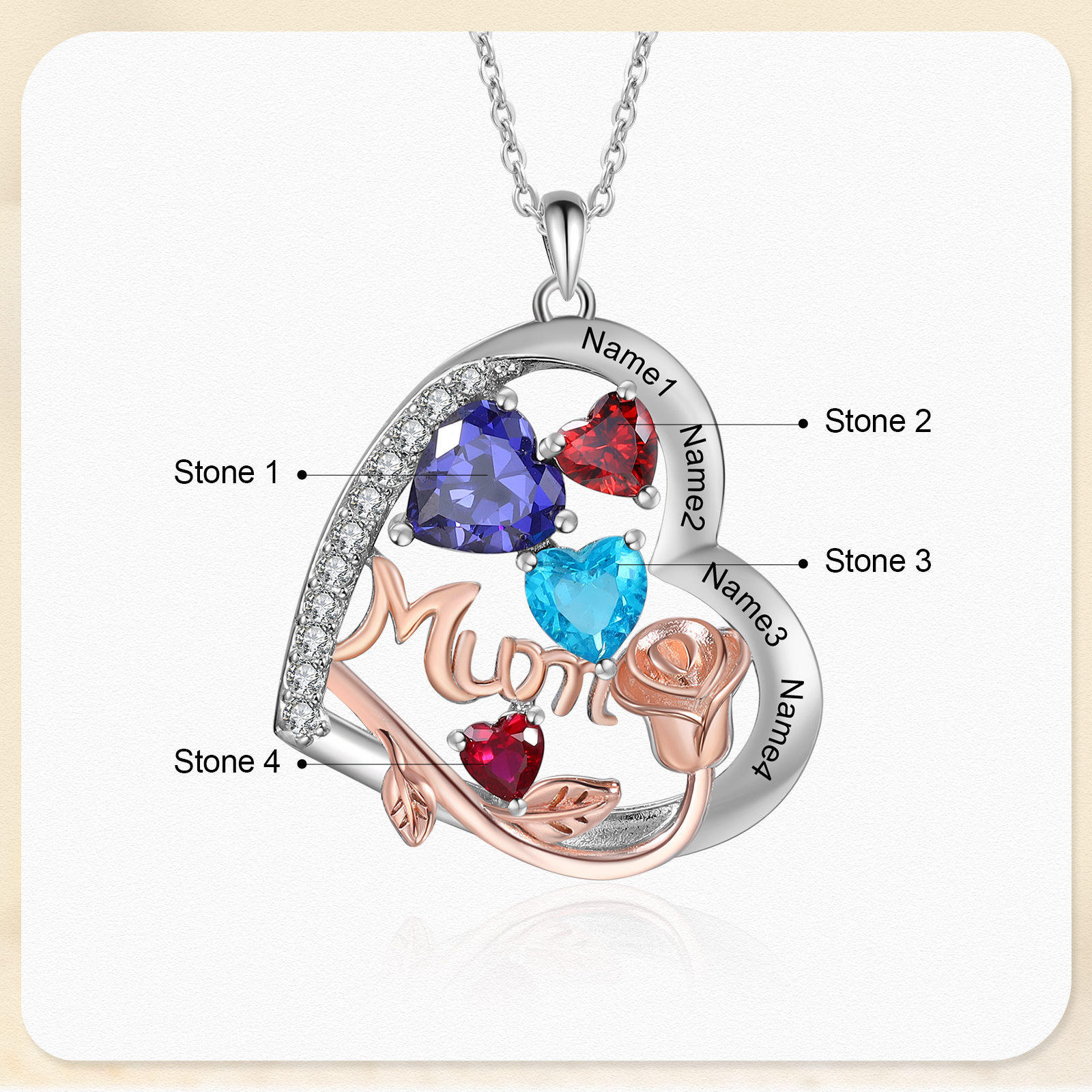 Personalized Women's Birthstone Necklace with 4 Names & 4 Birthstones, Heart Pendant Design Gift for Her | Lorajewel