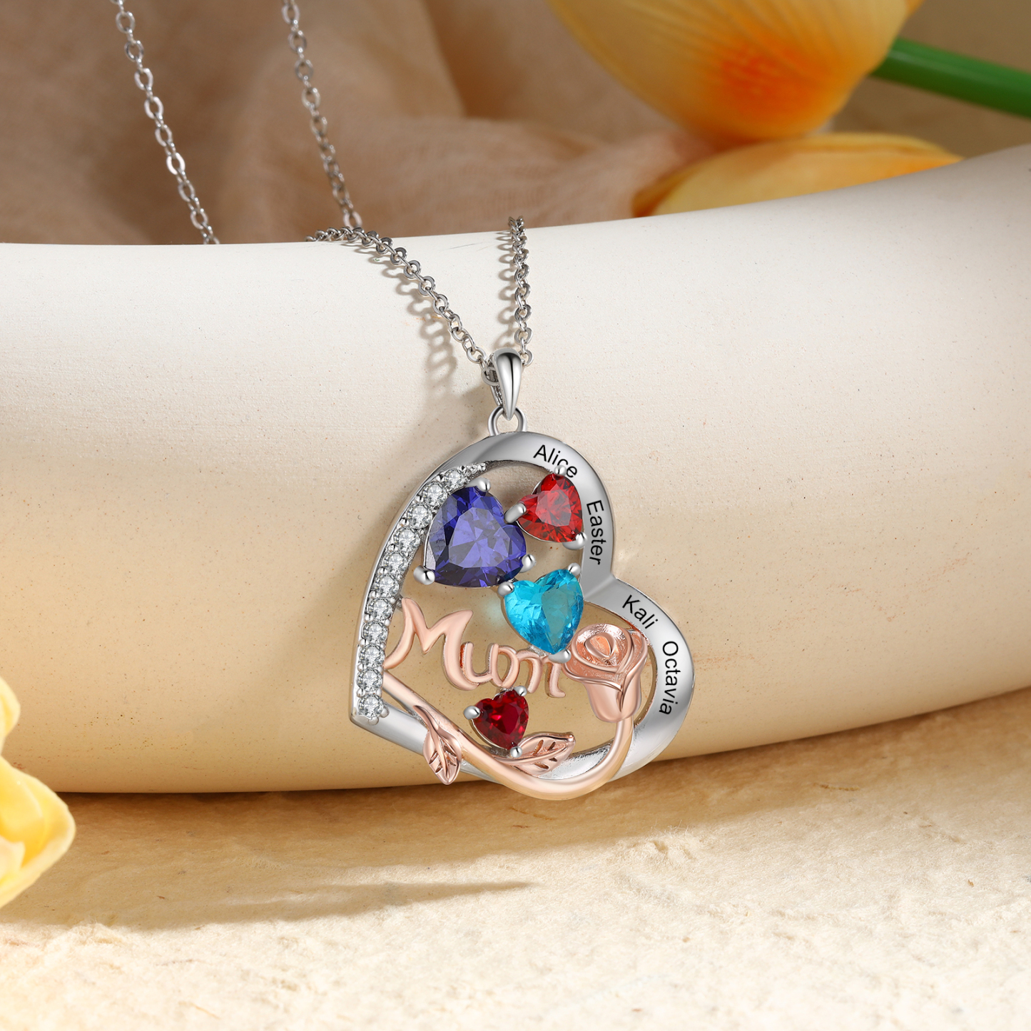 Personalized Women's Birthstone Necklace with 4 Names & 4 Birthstones, Heart Pendant Design Gift for Her | Lorajewel