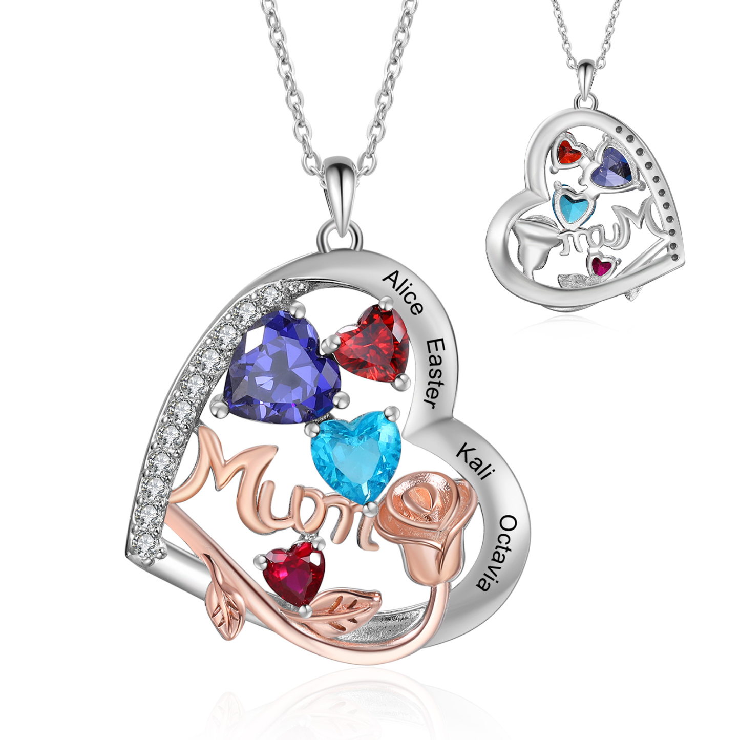 Personalized Women's Birthstone Necklace with 4 Names & 4 Birthstones, Heart Pendant Design Gift for Her | Lorajewel