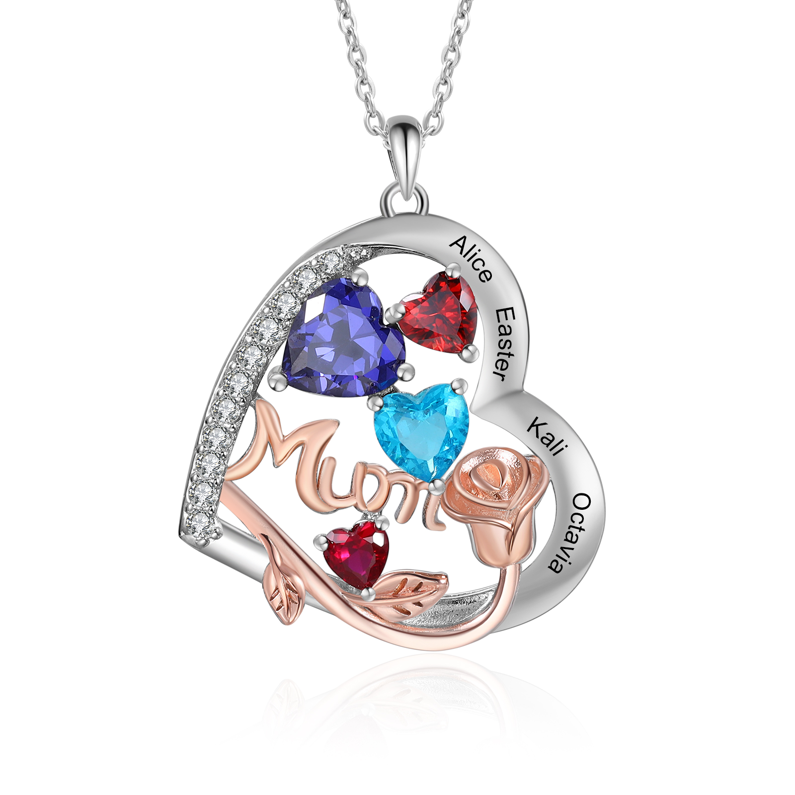 Personalized Women's Birthstone Necklace with 4 Names & 4 Birthstones, Heart Pendant Design Gift for Her | Lorajewel