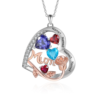 Personalized Women's Birthstone Necklace with 4 Names & 4 Birthstones, Heart Pendant Design Gift for Her | Lorajewel