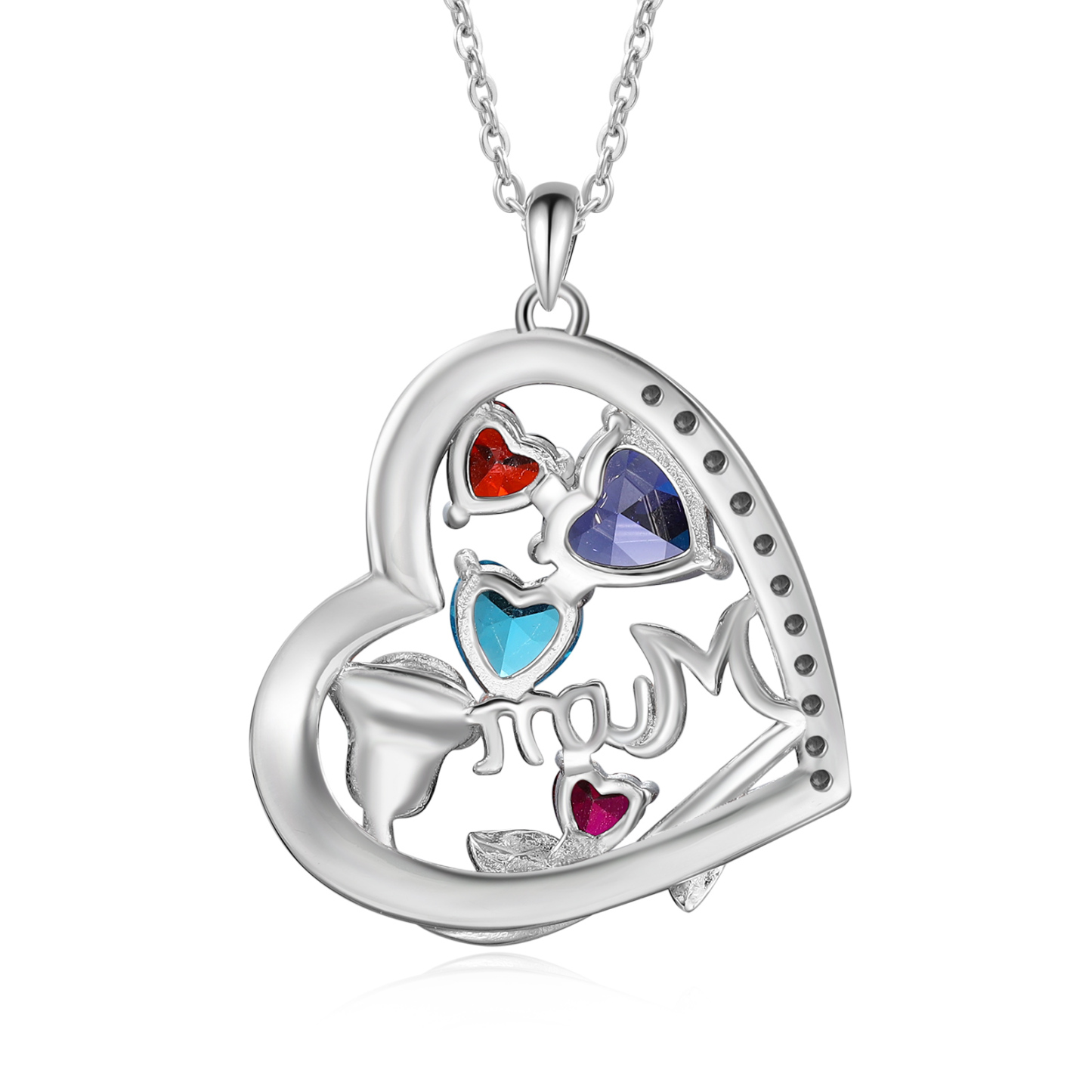 Personalized Women's Birthstone Necklace with 4 Names & 4 Birthstones, Heart Pendant Design Gift for Her | Lorajewel