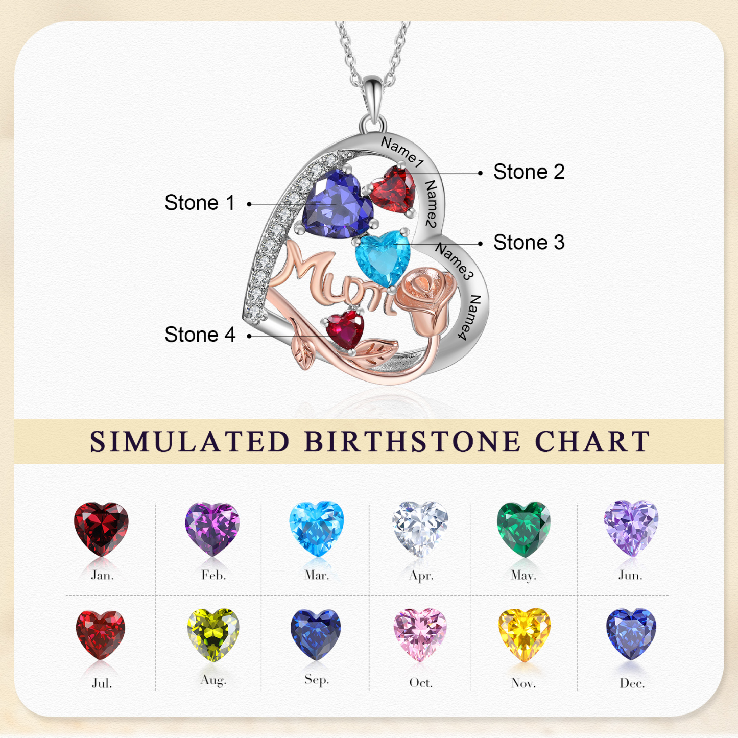Personalized Women's Birthstone Necklace with 4 Names & 4 Birthstones, Heart Pendant Design Gift for Her | Lorajewel