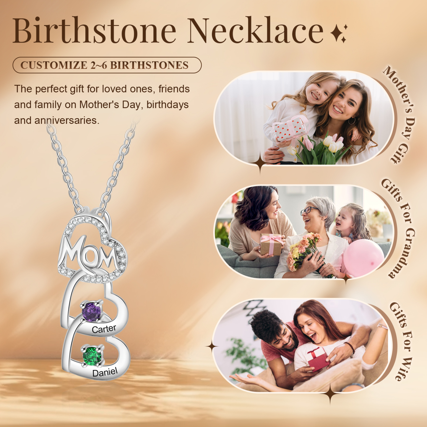 2 Names & 2 Birthstones Custom Mom Necklace with Birthstones & Names – Personalized Mother’s Day Jewelry Gift | Lorajewel